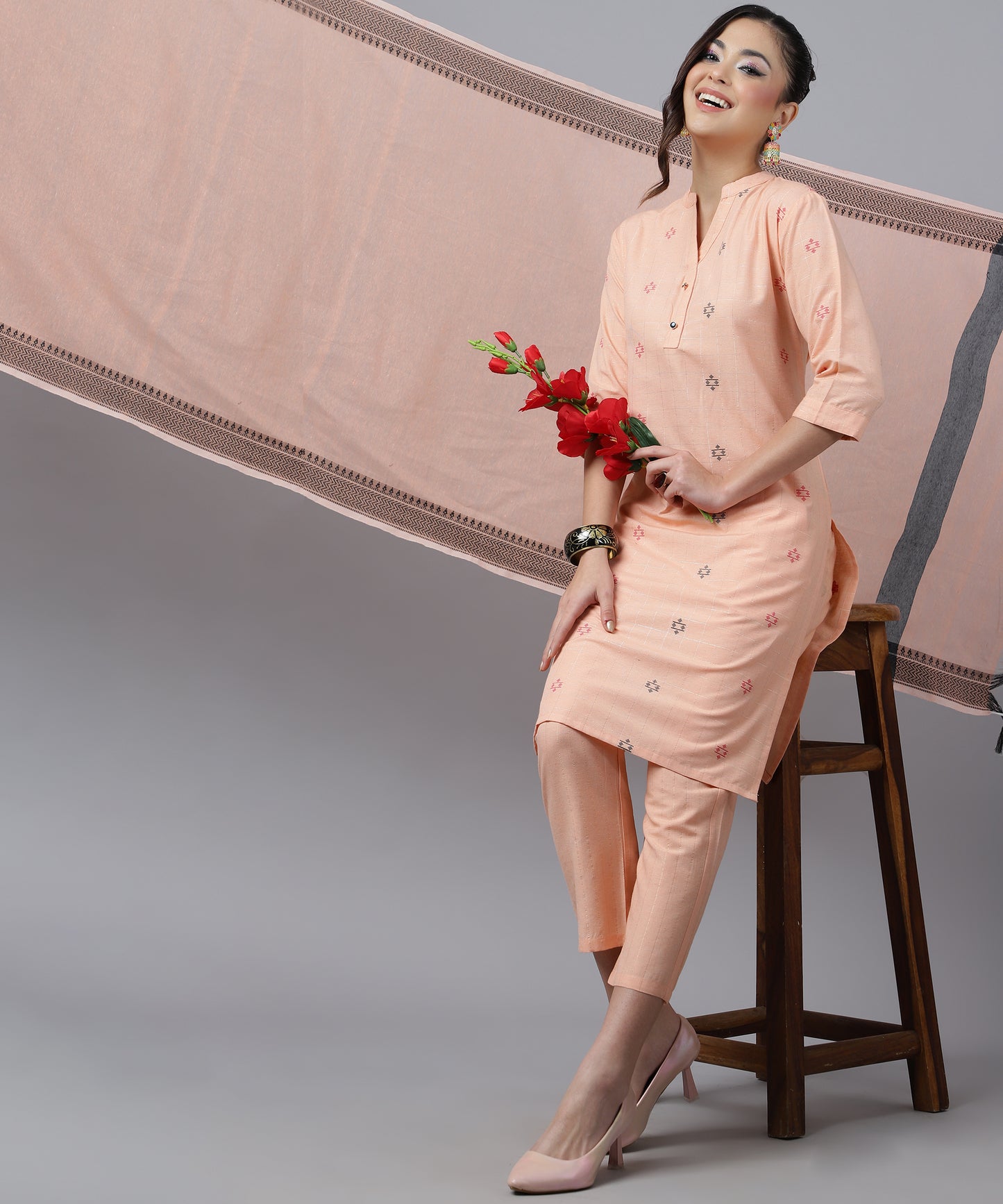 ANUSHIL Kurta Pant Set with Dupatta: Stunning V-Neck Lurex Checks and Embroidery, 3/4 Sleeves, Self-Design Pocket, Cotton Fabric(Peach)