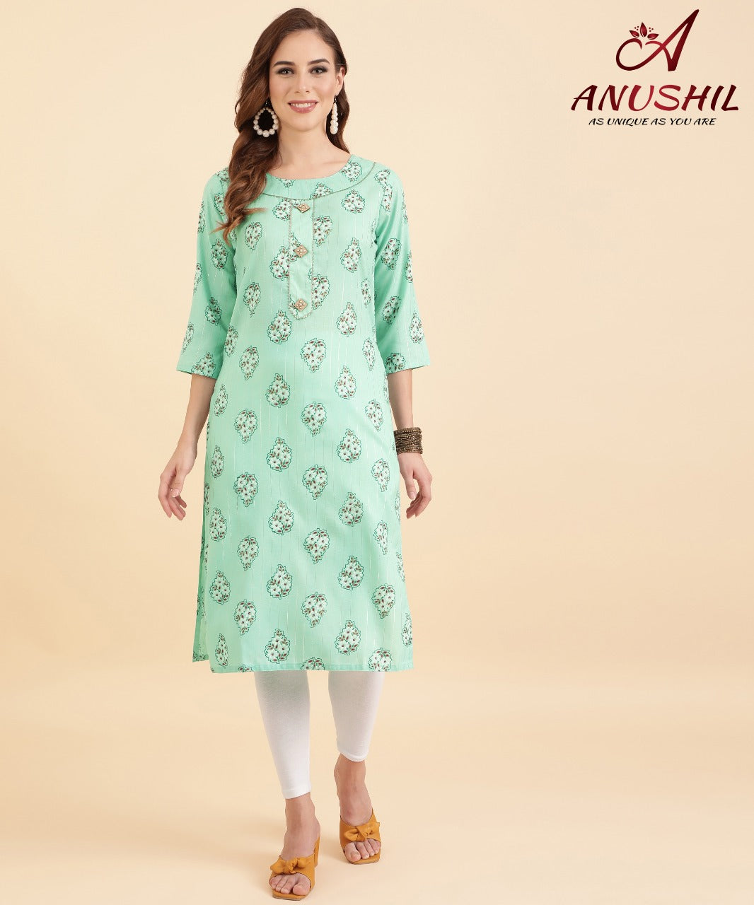 Cotton Lurex Printed Kurti With Gota Pati, Green A-501