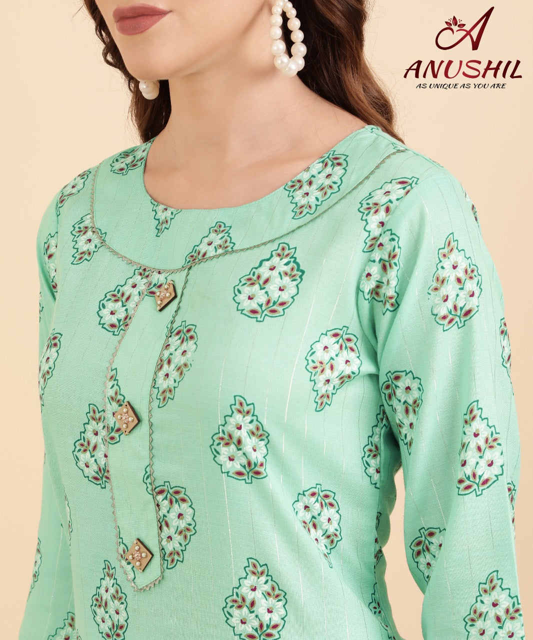 Cotton Lurex Printed Kurti With Gota Pati, Green A-501