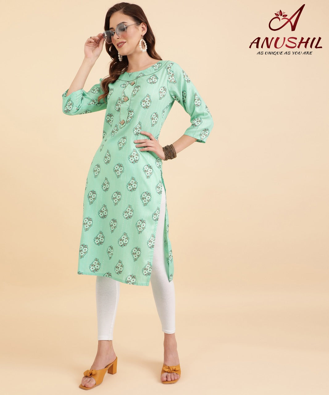 Cotton Lurex Printed Kurti With Gota Pati, Green A-501