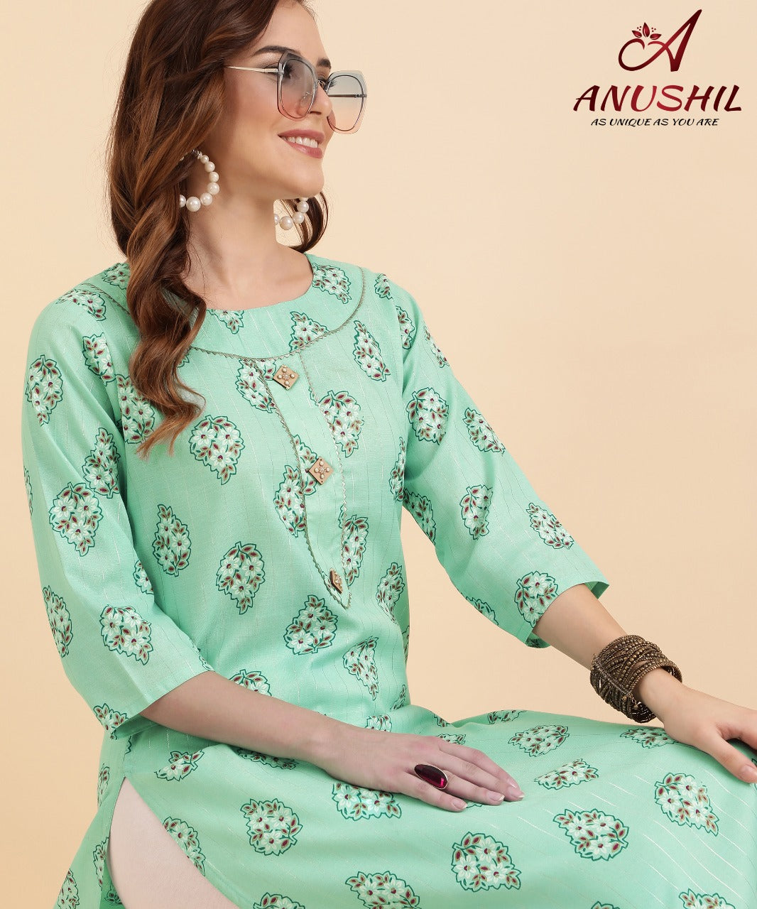 Cotton Lurex Printed Kurti With Gota Pati, Green A-501