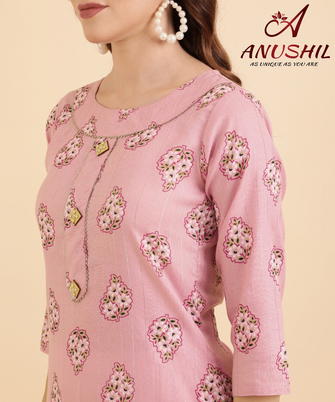 Cotton Lurex Printed Kurti With Gota Pati, Pink A-501