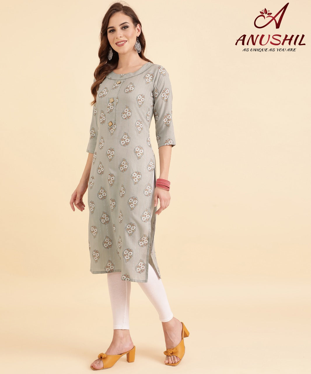 Cotton Lurex Printed Kurti With Gota Pati, Grey A-501