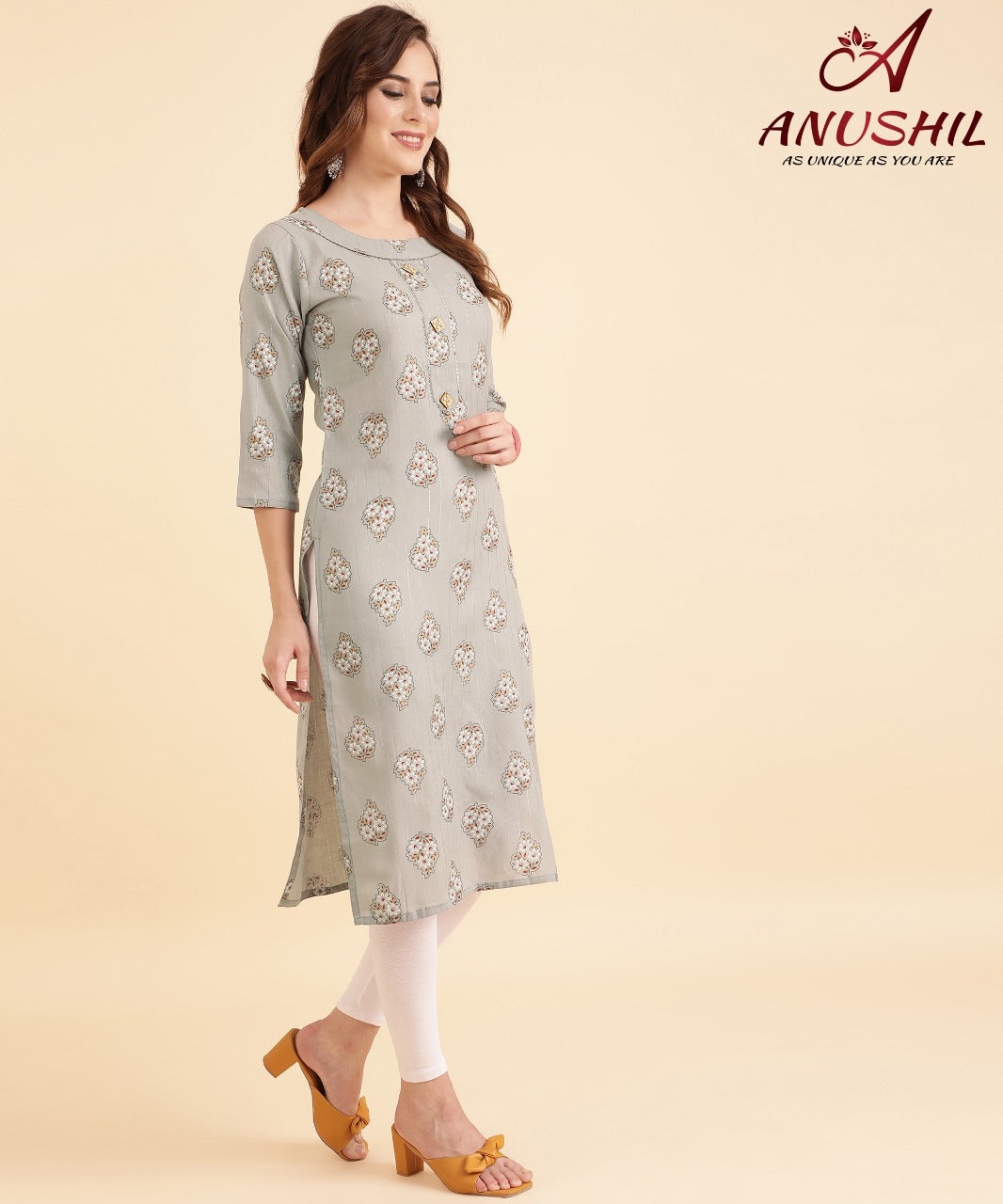 Cotton Lurex Printed Kurti With Gota Pati, Grey A-501