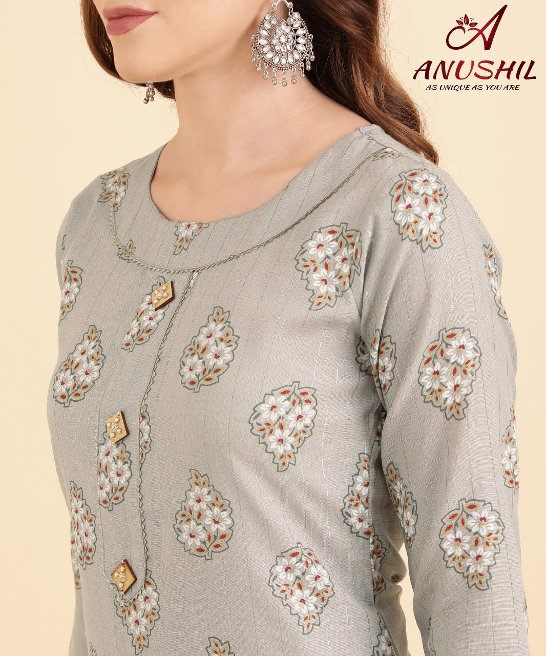 Cotton Lurex Printed Kurti With Gota Pati, Grey A-501