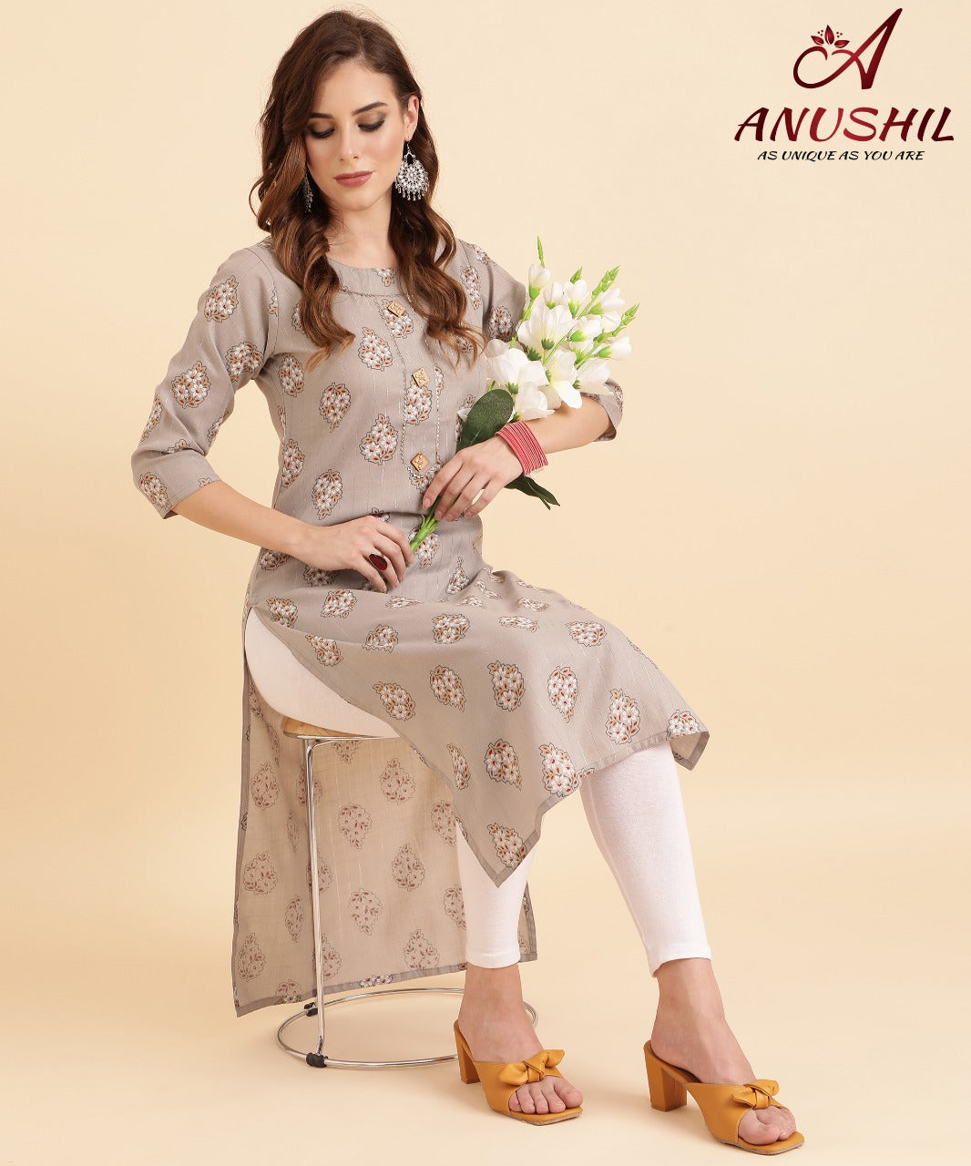 Cotton Lurex Printed Kurti With Gota Pati, Grey A-501