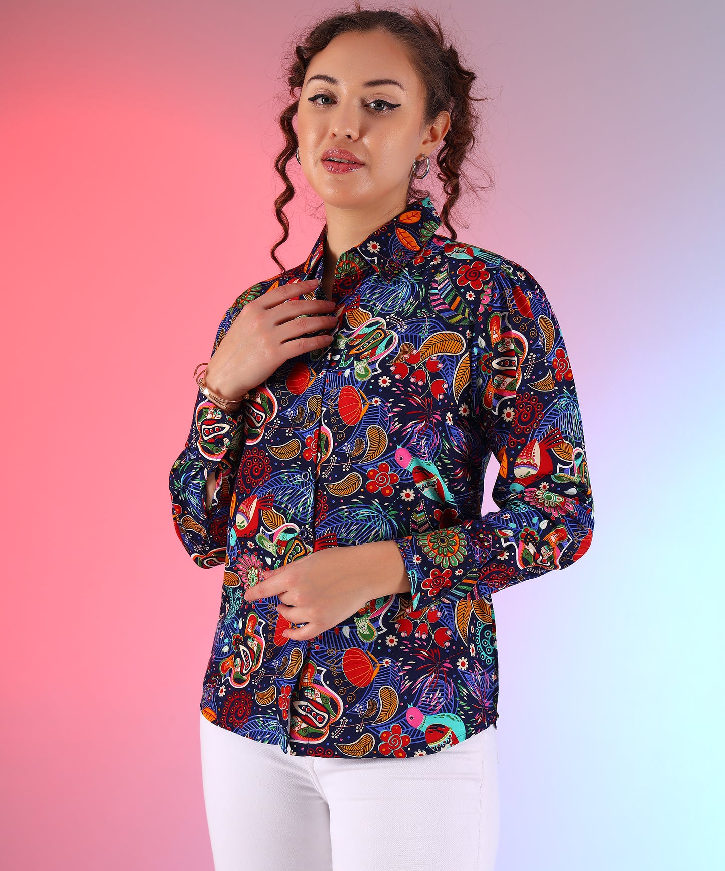 Printed Women's Casual Shirt - Stylish Floral Print, Regular Fit,Comfortable Cotton Fabric with Puff Sleeves (Royal Blue)