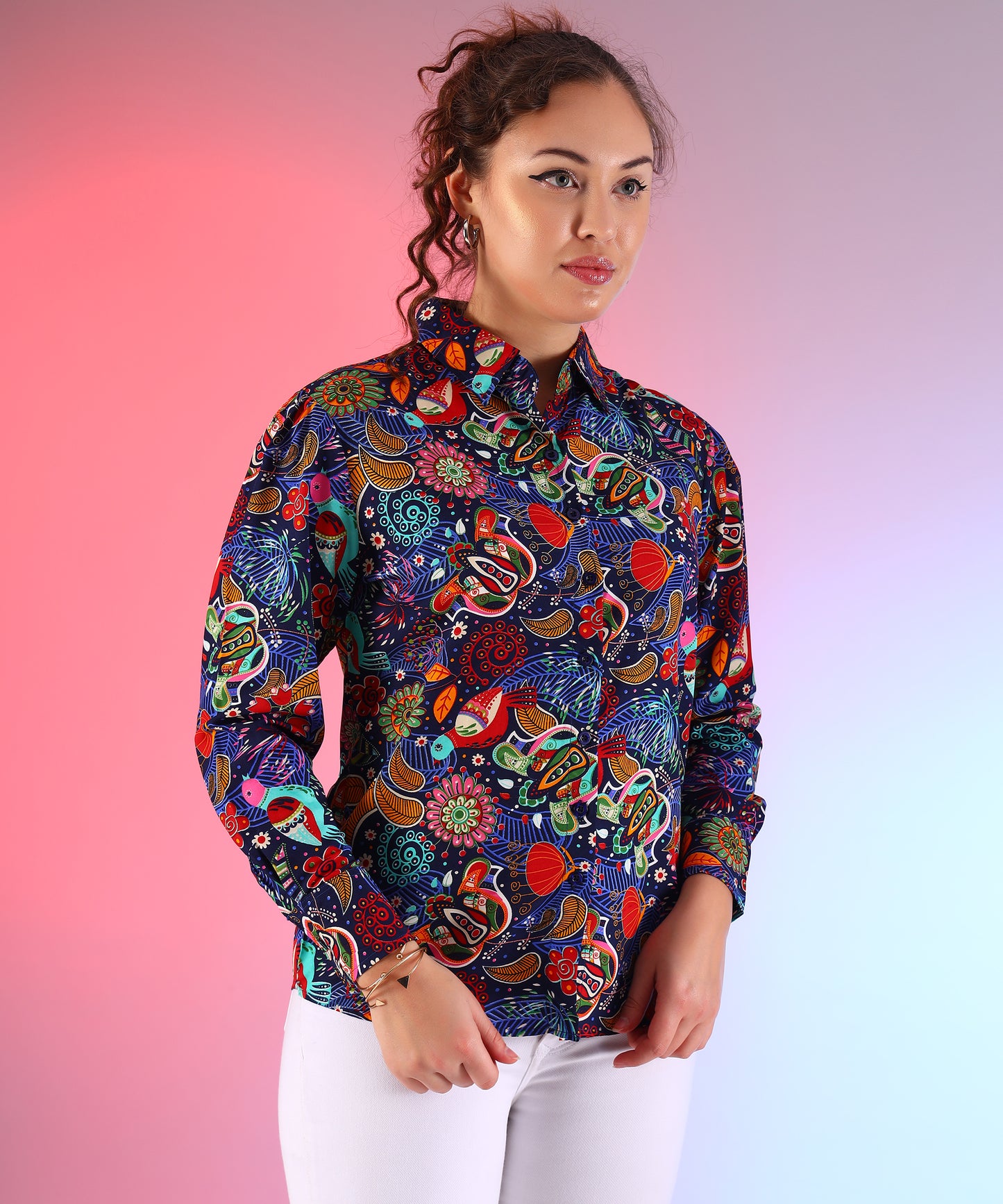 Printed Women's Casual Shirt - Stylish Floral Print, Regular Fit,Comfortable Cotton Fabric with Puff Sleeves (Royal Blue)