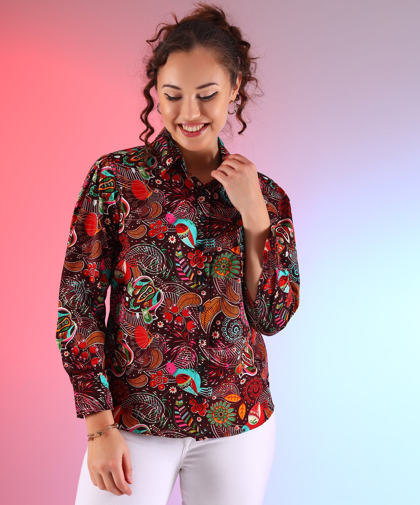 Printed Women's Casual Shirt - Stylish Floral Print, Regular Fit,Comfortable Cotton Fabric with Puff Sleeves (Brown)