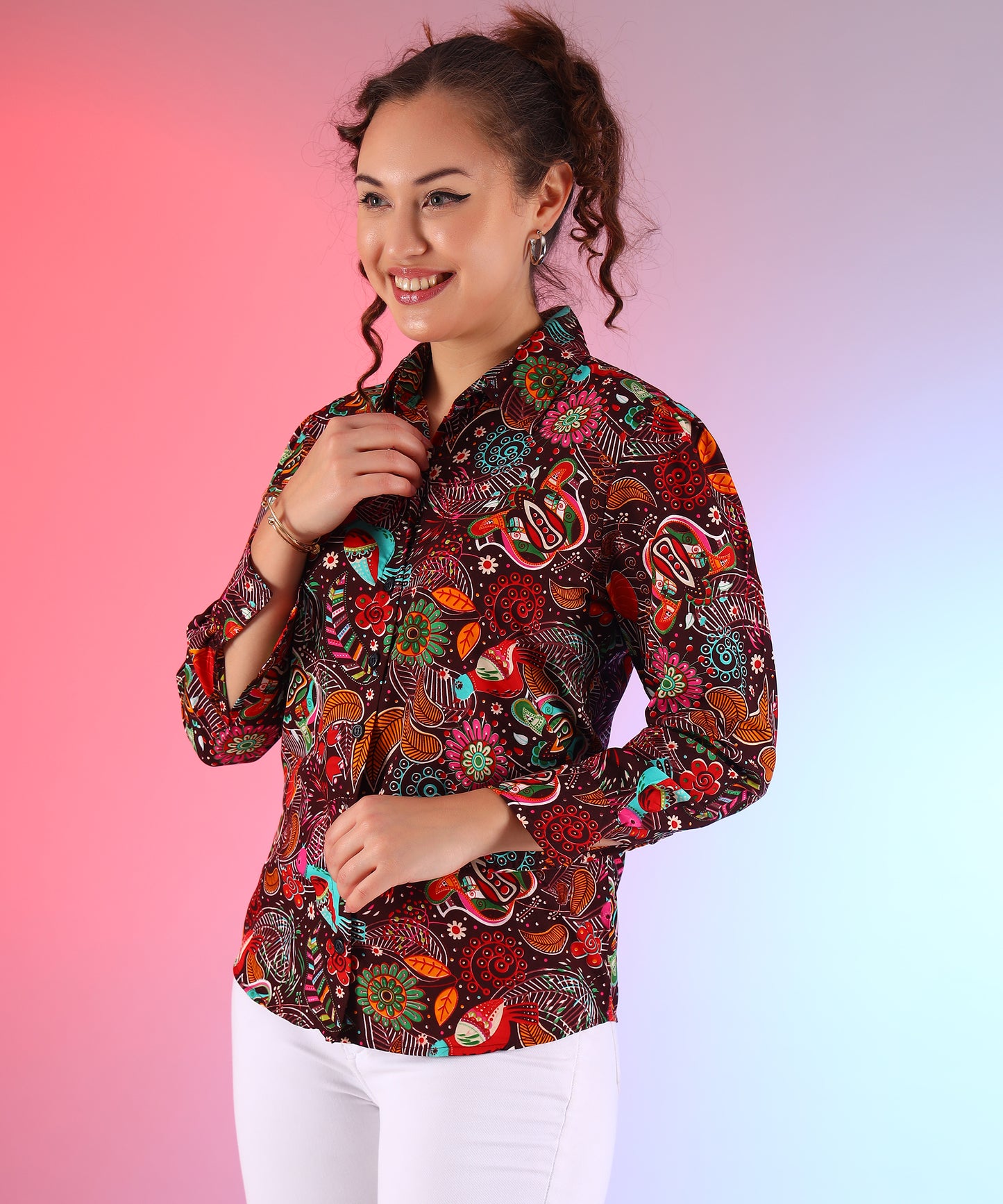 Printed Women's Casual Shirt - Stylish Floral Print, Regular Fit,Comfortable Cotton Fabric with Puff Sleeves (Brown)