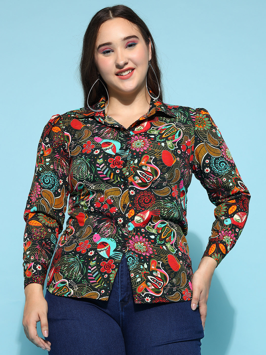 Printed Women's Casual Shirt - Stylish Floral Print, Regular Fit,Comfortable Cotton Fabric with Puff Sleeves (Green)