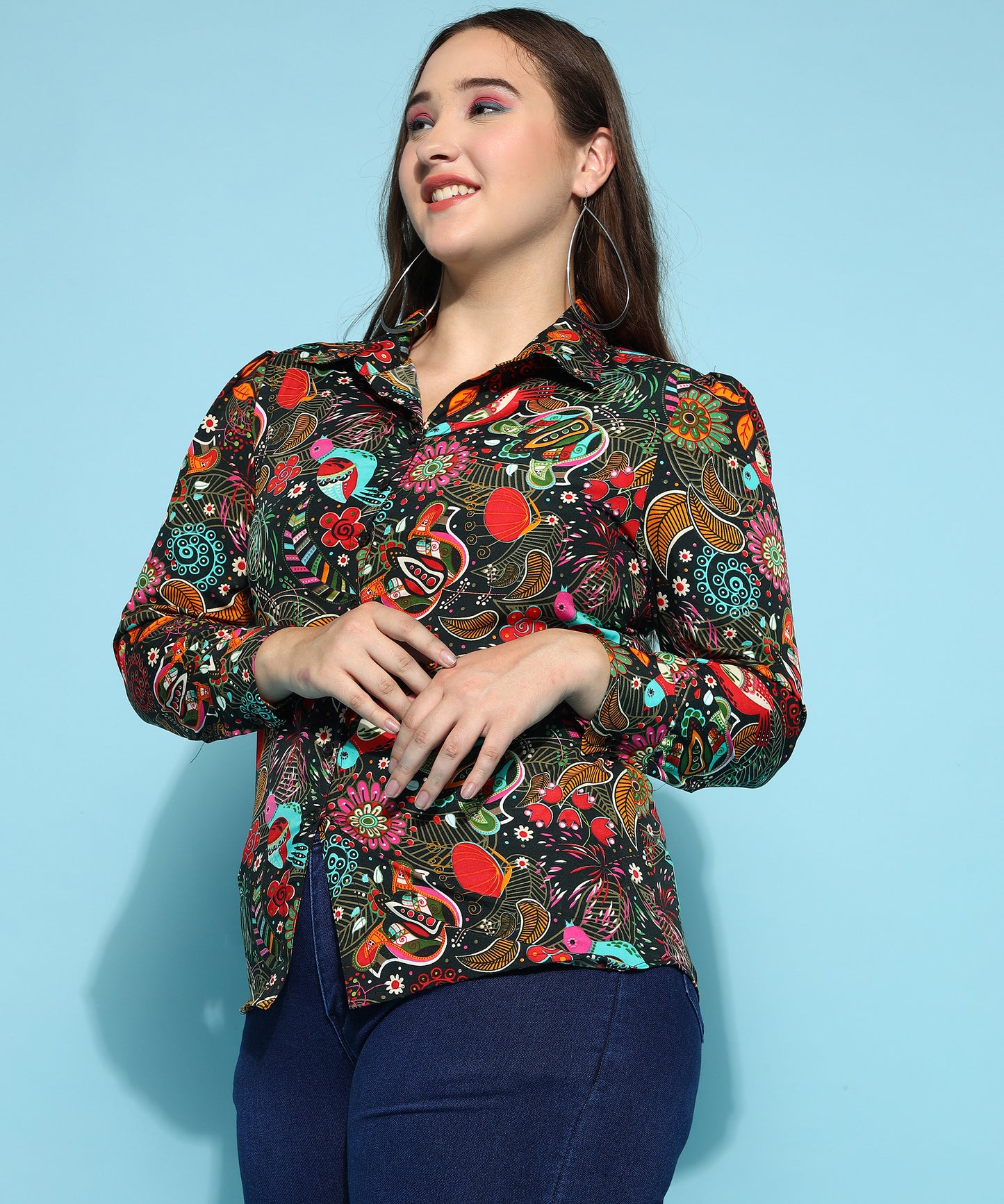 ANUSHIL Printed Women's Casual Shirt - Stylish Floral Print, Regular Fit, and Comfortable Cotton Fabric with Puff Sleeves