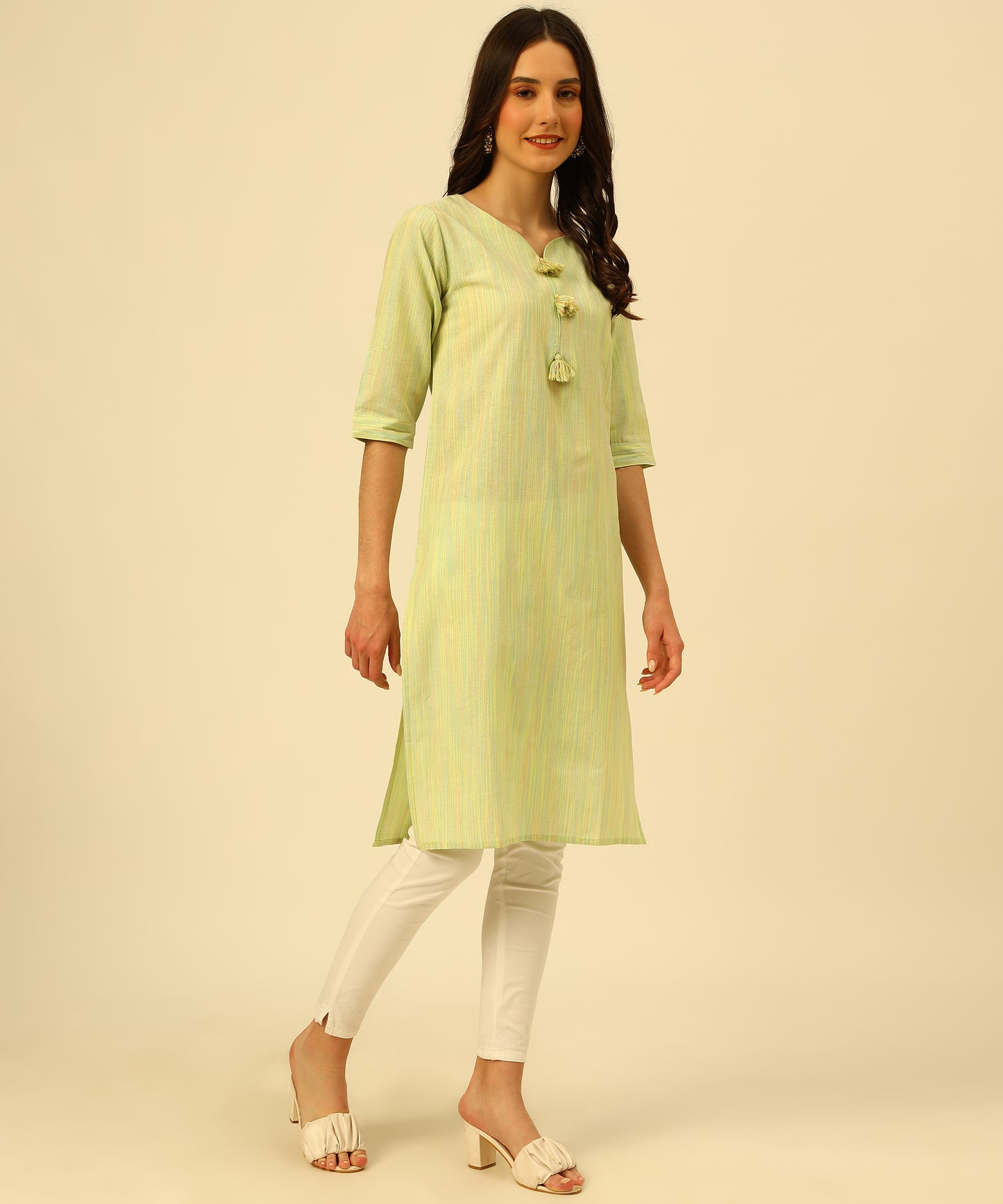 Cotton Self Weaved Multi Colour Thread Kurta Design, Green