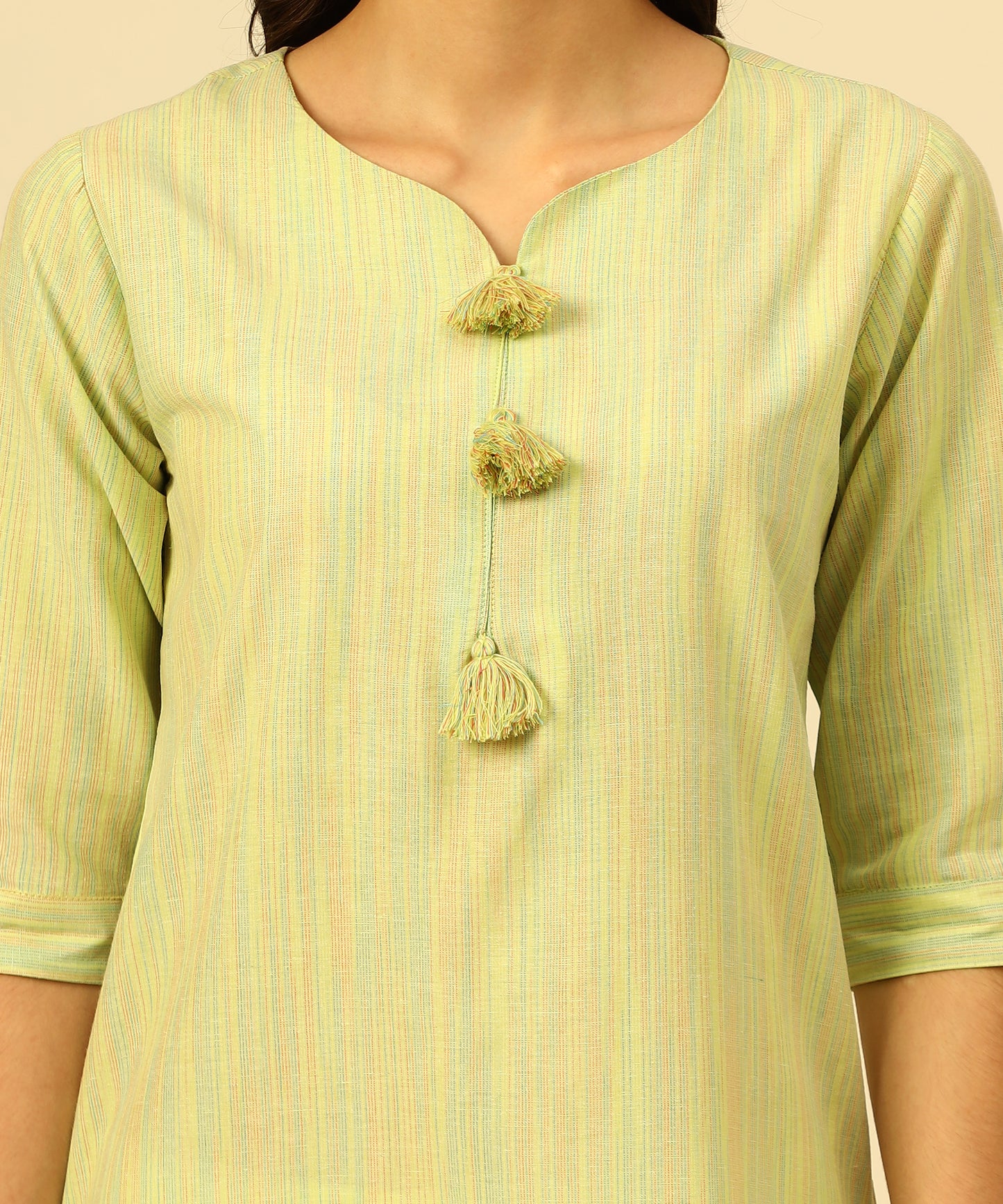 Cotton Self Weaved Multi Colour Thread Kurta Design, Green