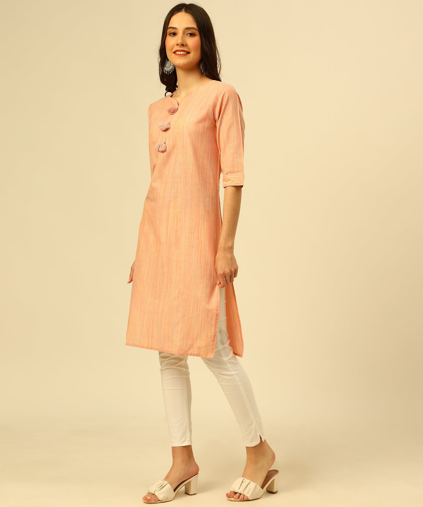 Cotton Self Weaved Multi Colour Thread Kurta Design, Orange