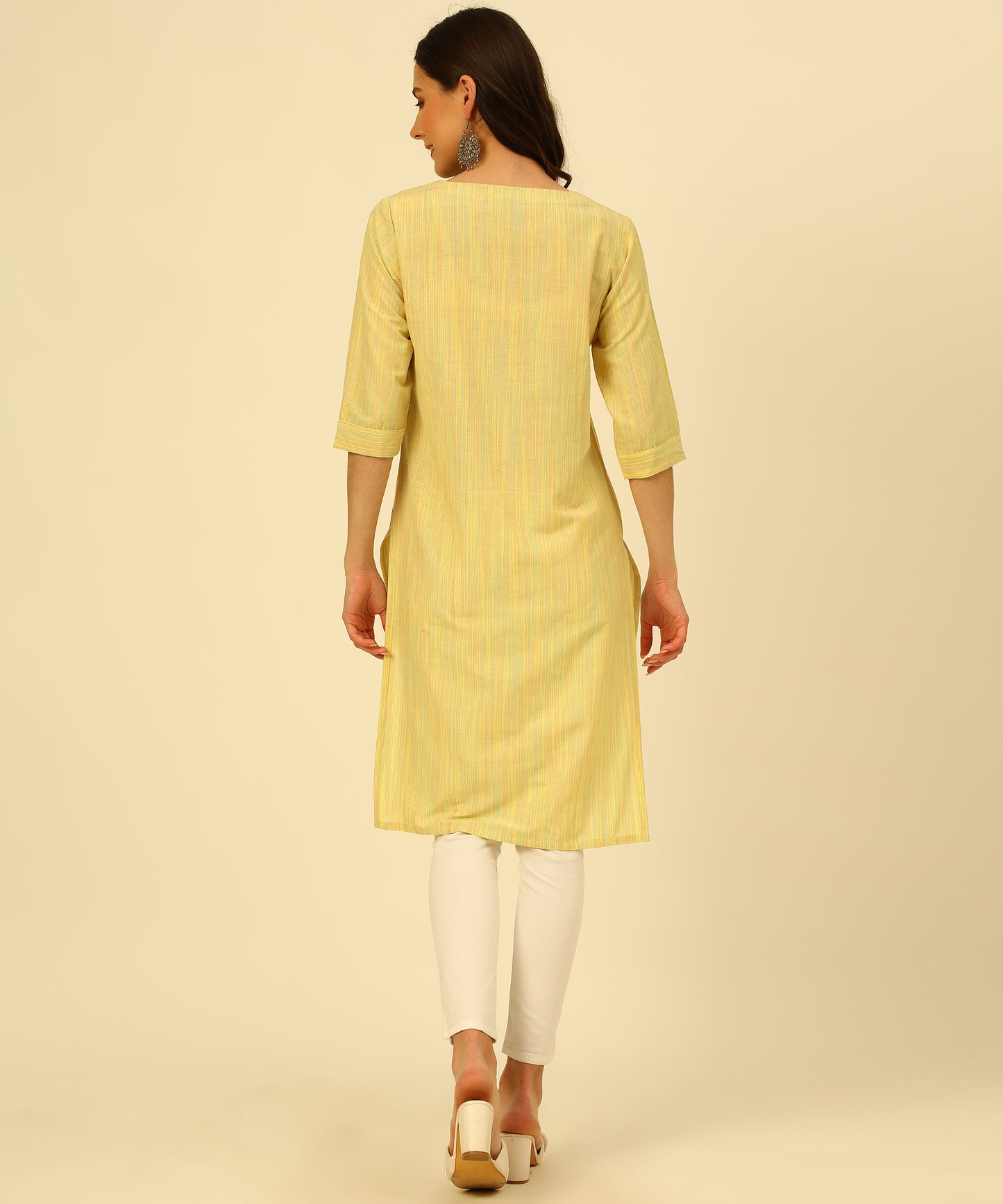 Cotton Self Weaved Multi Colour Thread Kurta Design, Yellow