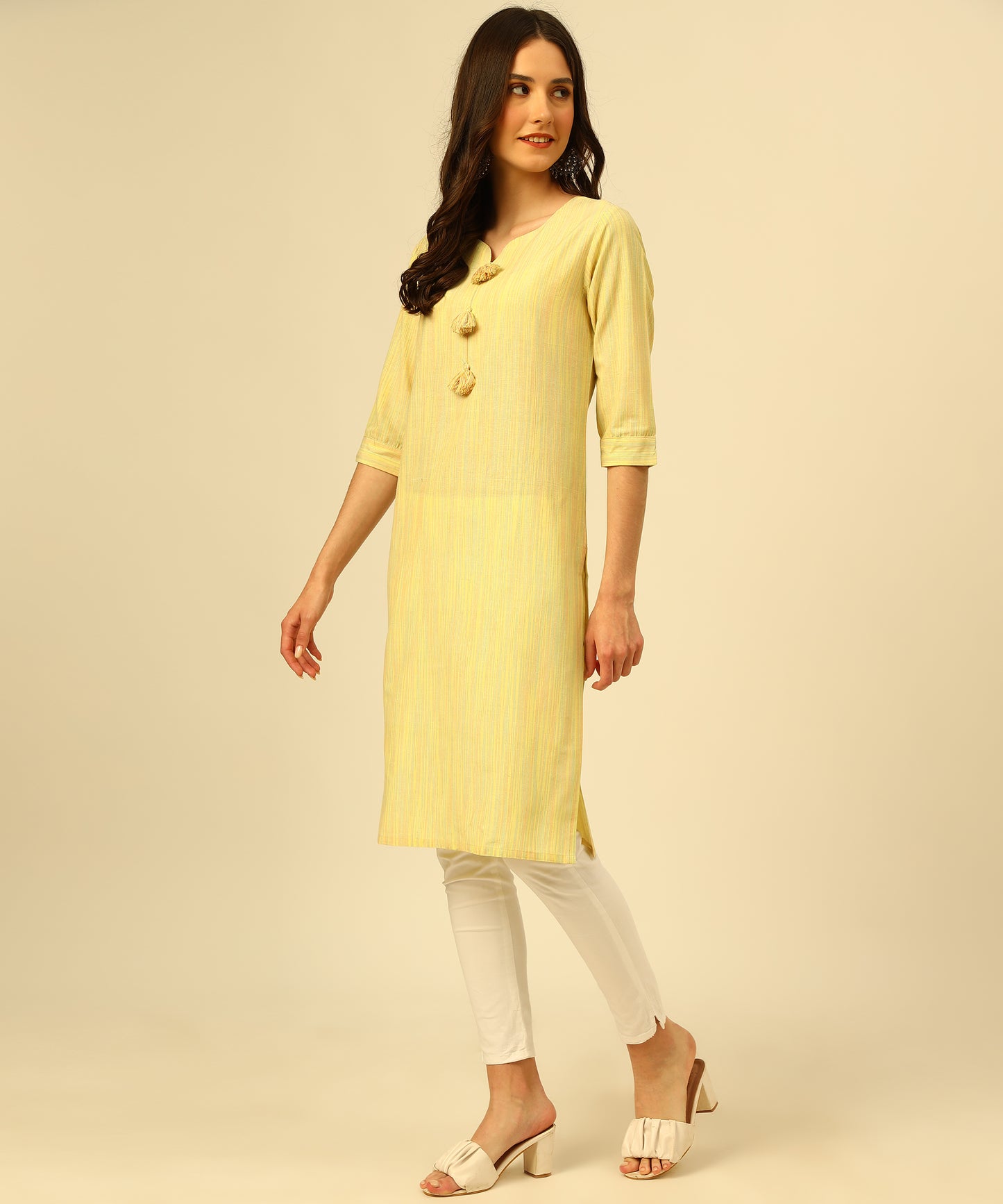 Cotton Self Weaved Multi Colour Thread Kurta Design, Yellow