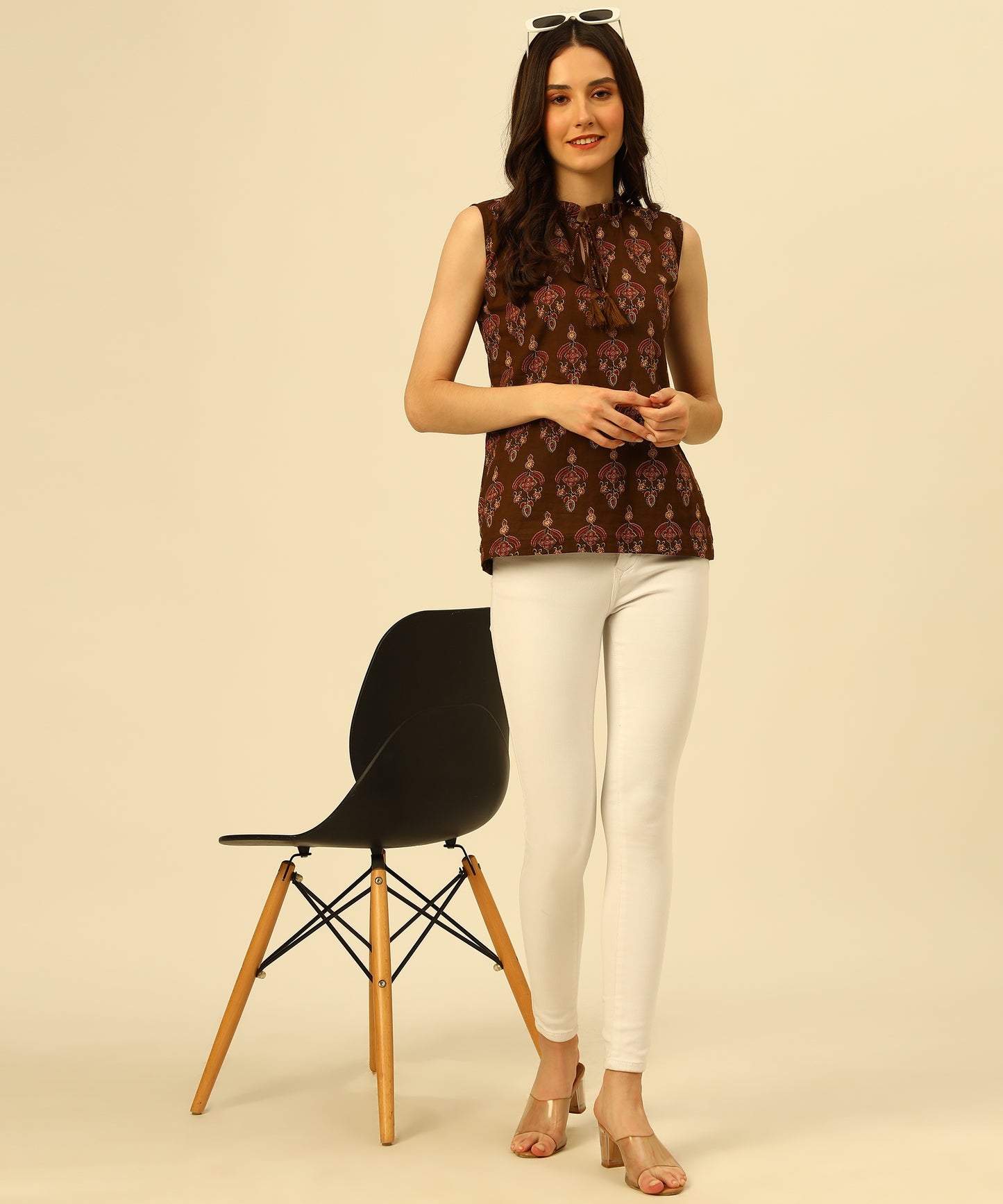 Cotton Printed Top Sleeveless Regular Fit Office Wear Casual Wear Top,Brown
