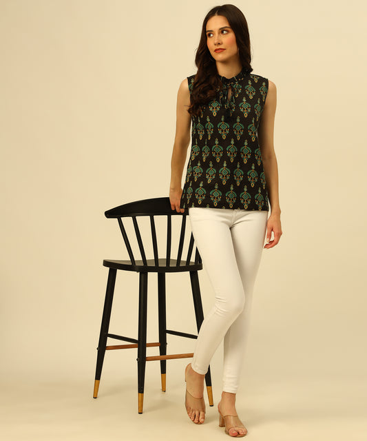 Cotton Printed Sleeveless Regular Fit Office Wear Casual Wear Top, Black