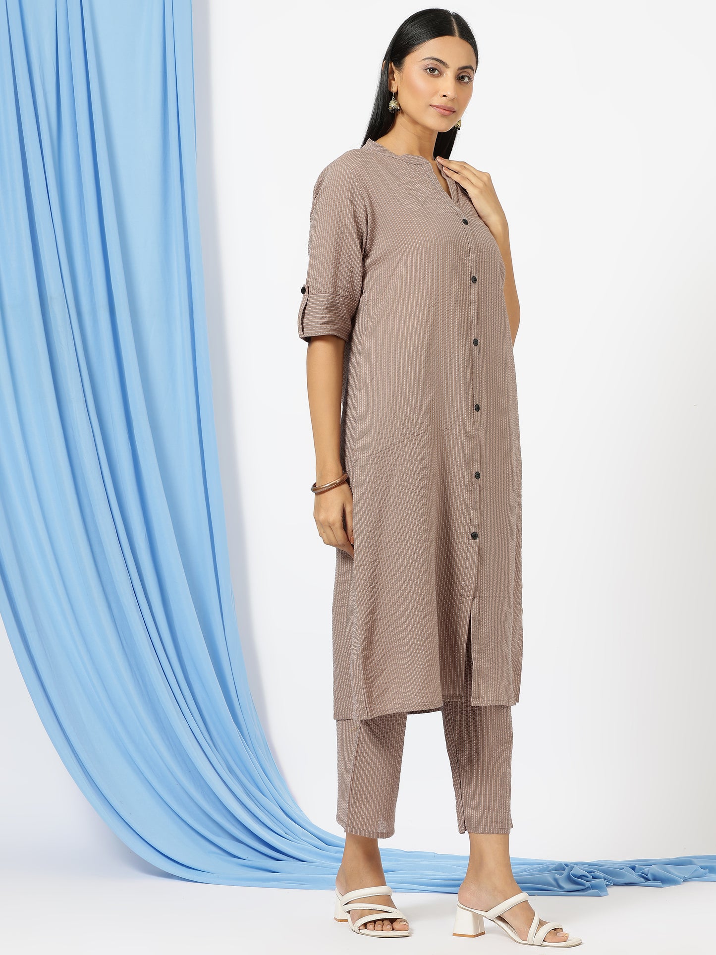 Stylish Katha Cotton Co-ord Set For Women - Shirt Style Kurti with Pants, 2peice Kurta With Trouser Casual Wear(Chicku)