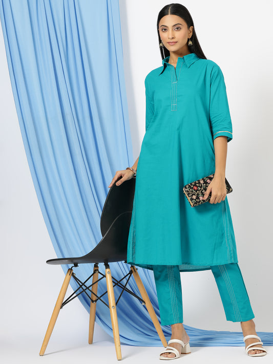 Solid Shirt Style Kurti with Pants(Blue)