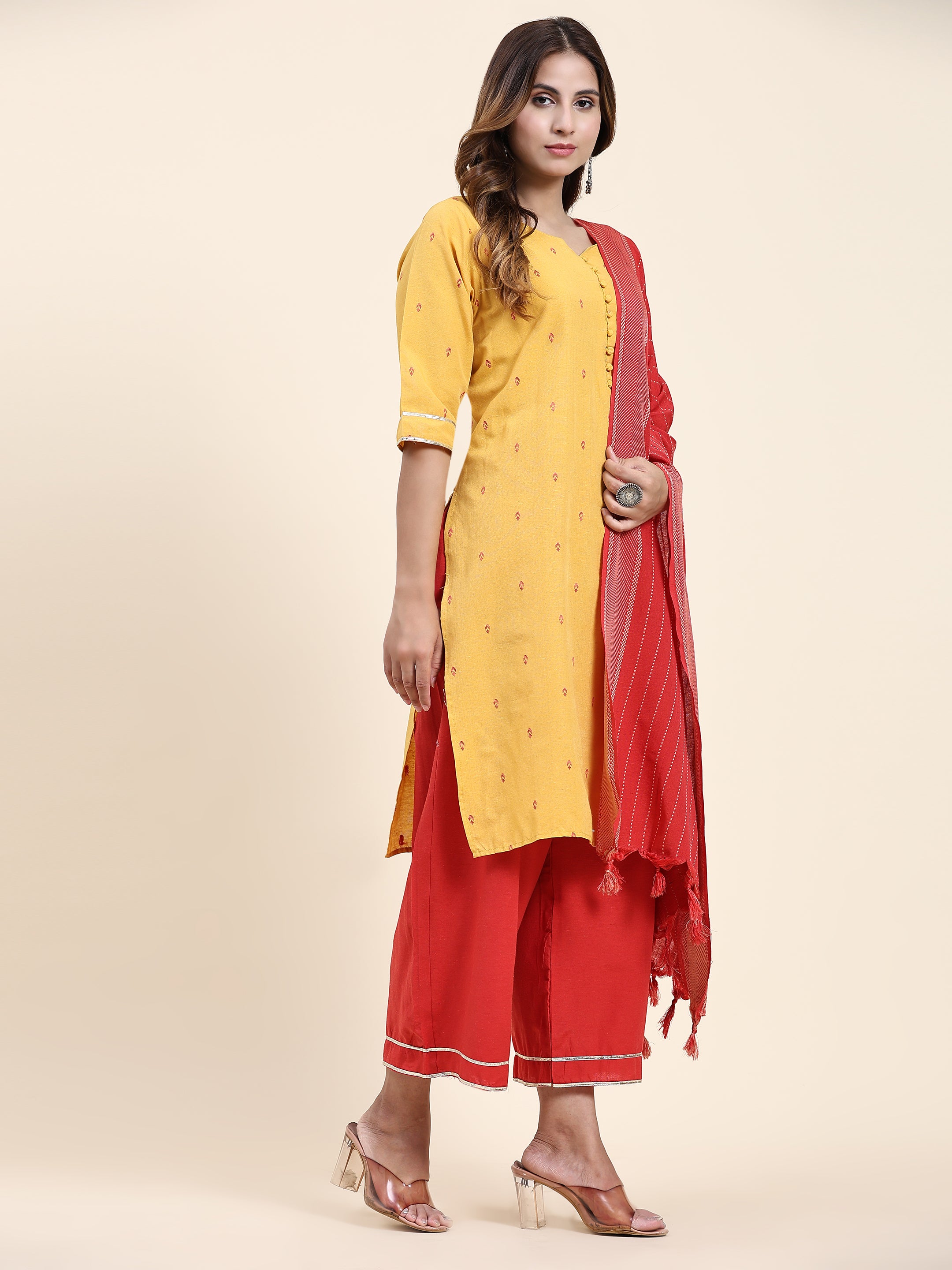 Buy Yellow Floral Kurta In Boat Neck With Culottes And Dupatta Online - W  for Woman