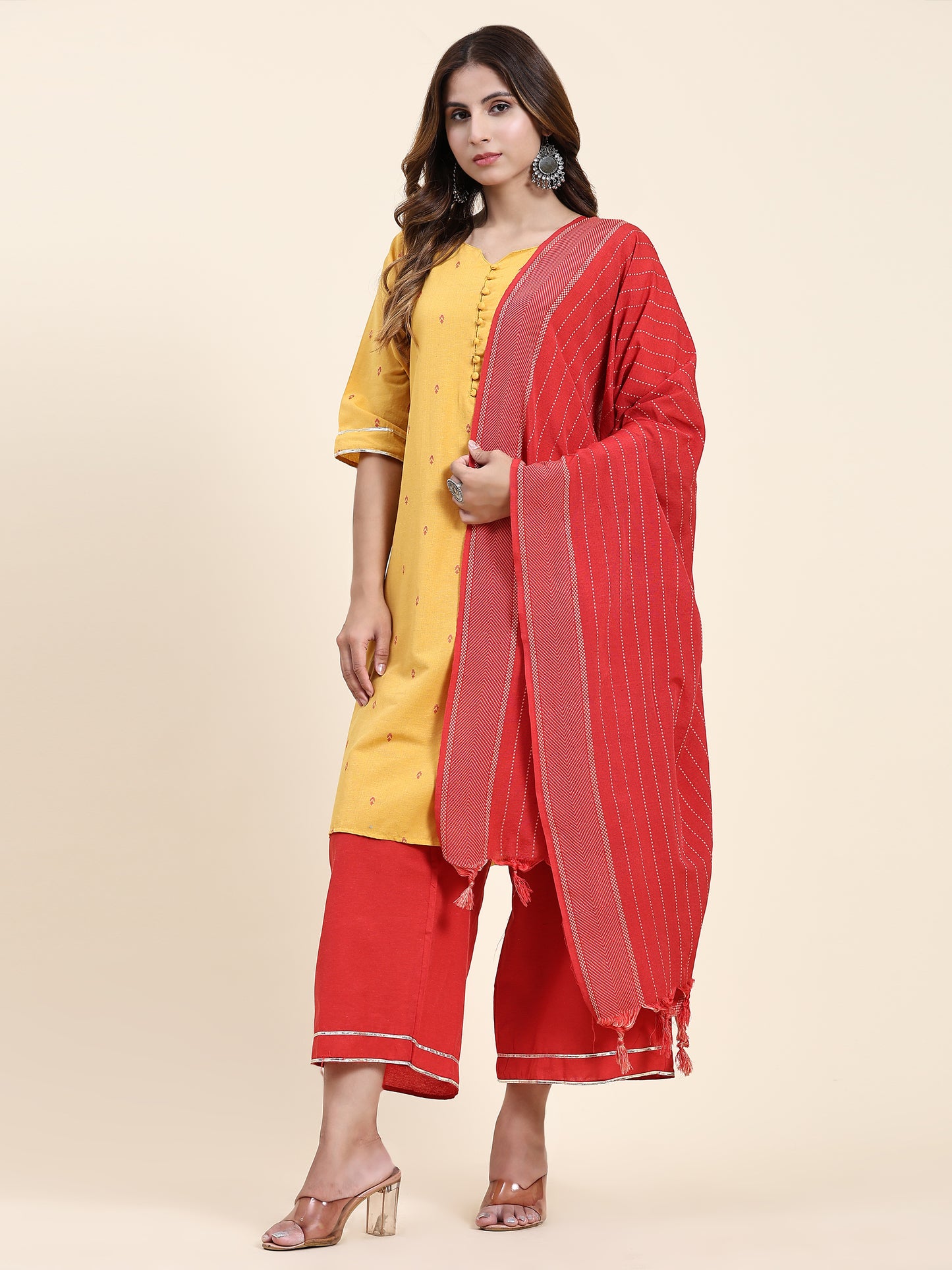 ANUSHIL Women's Cotton Kurta Plazzo Dupatta Set - Graceful Lace Detailing and Comfortable 3/4 Sleeves (Yellow)