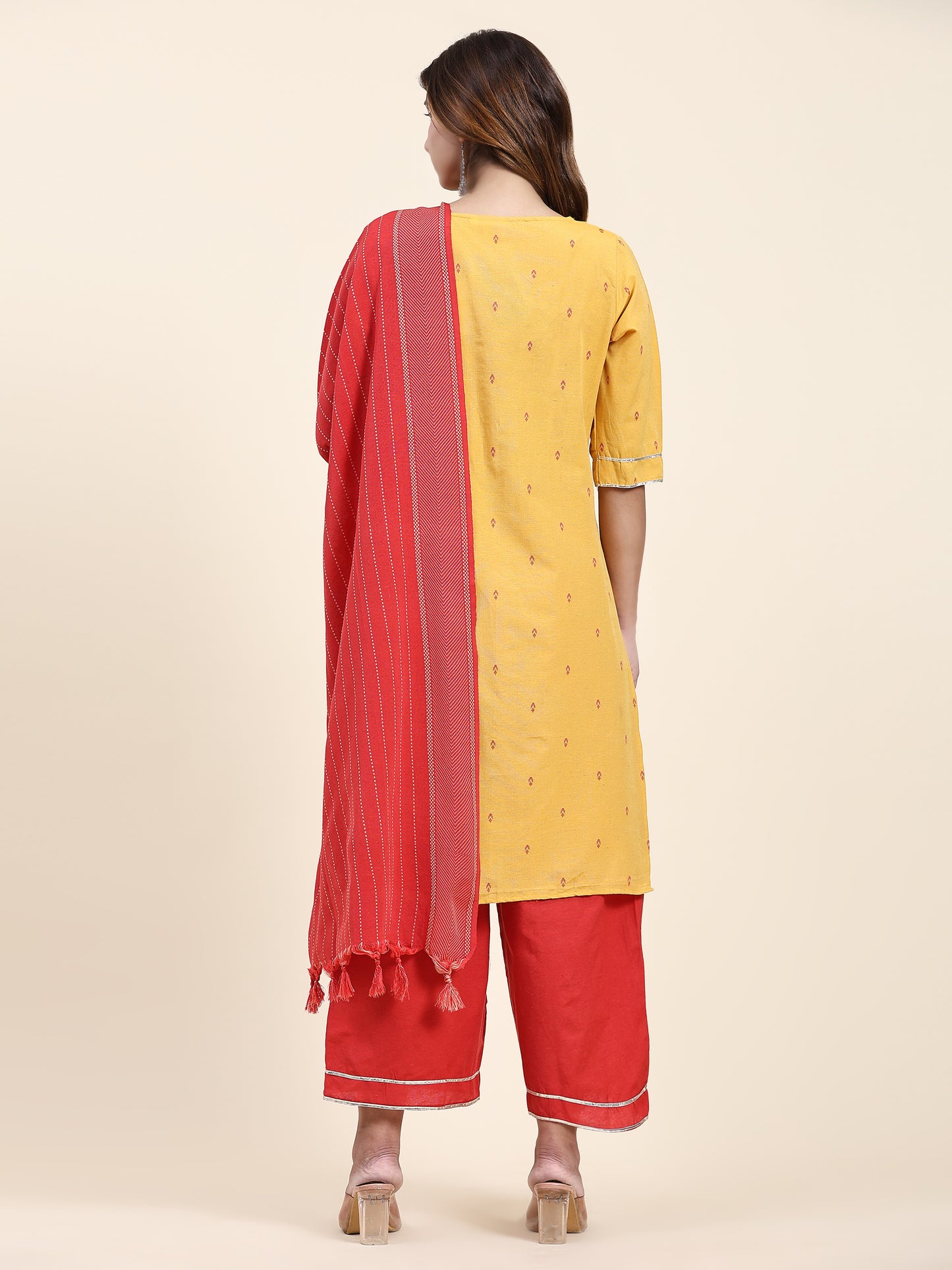 ANUSHIL Women's Cotton Kurta Plazzo Dupatta Set - Graceful Lace Detailing and Comfortable 3/4 Sleeves (Yellow)