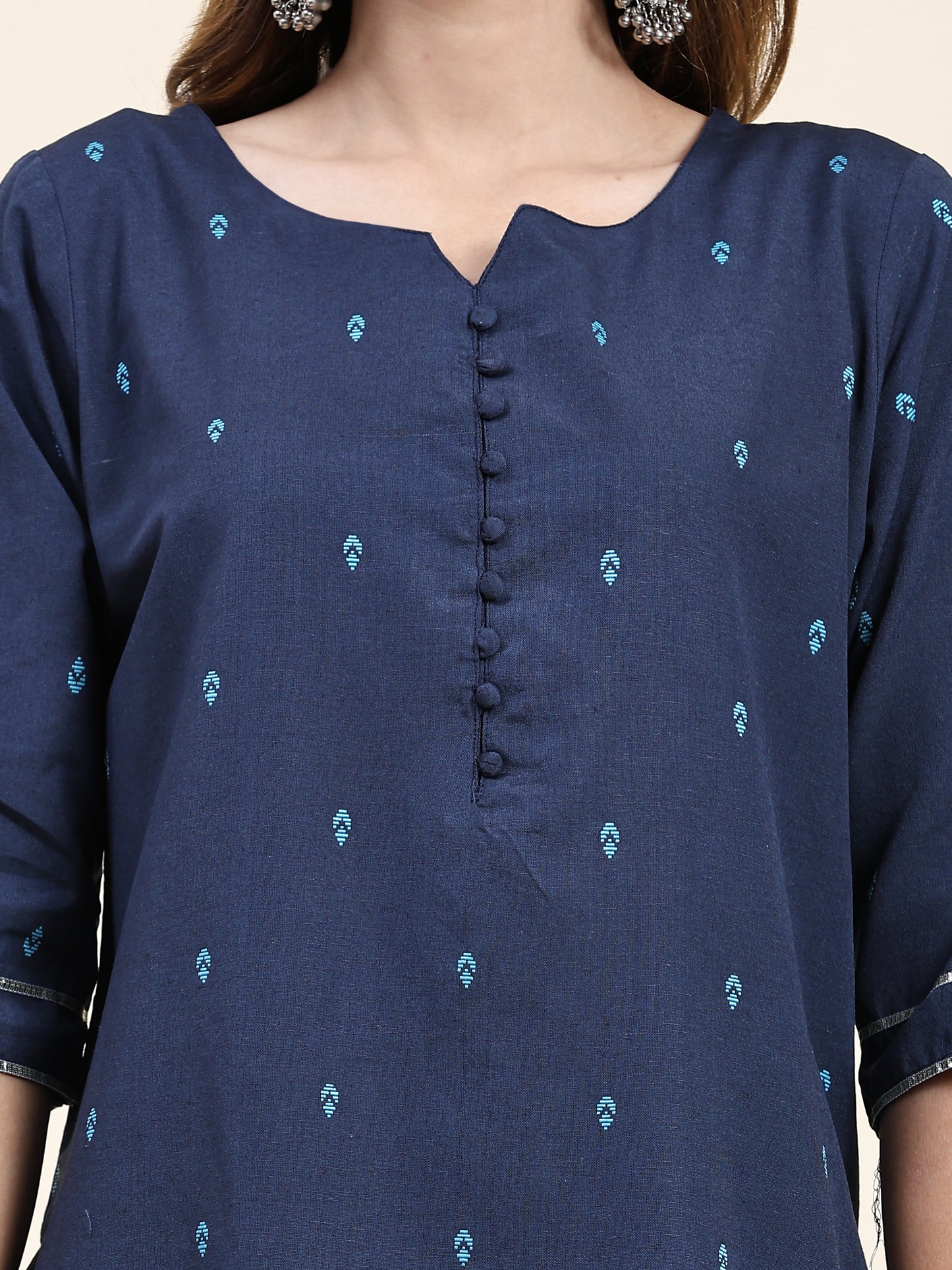 ANUSHIL Women's Cotton Kurta Plazzo Dupatta Set - Graceful Lace Detailing and Comfortable 3/4 Sleeves (Blue)