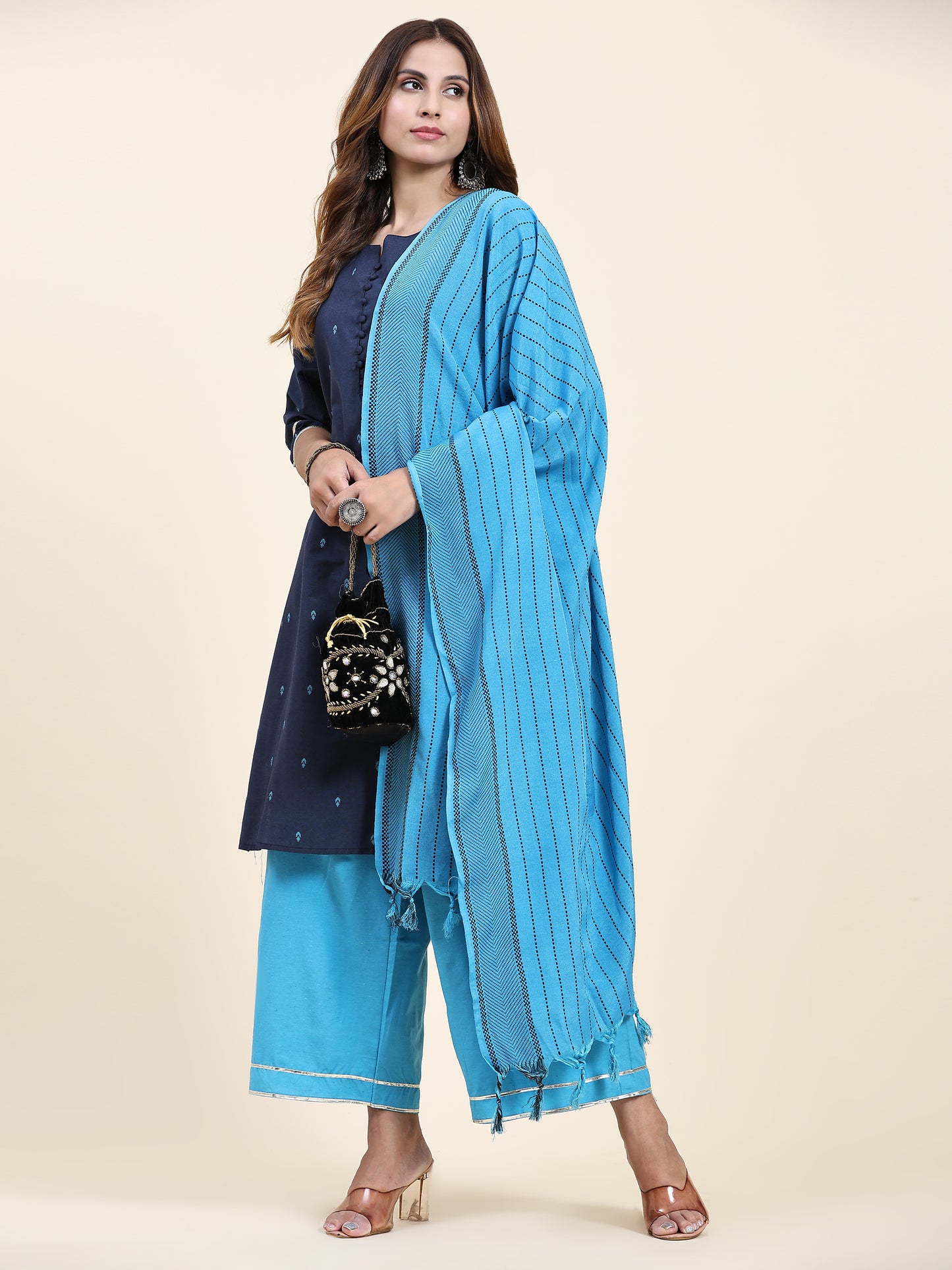 ANUSHIL Women's Cotton Kurta Plazzo Dupatta Set - Graceful Lace Detailing and Comfortable 3/4 Sleeves (Blue)