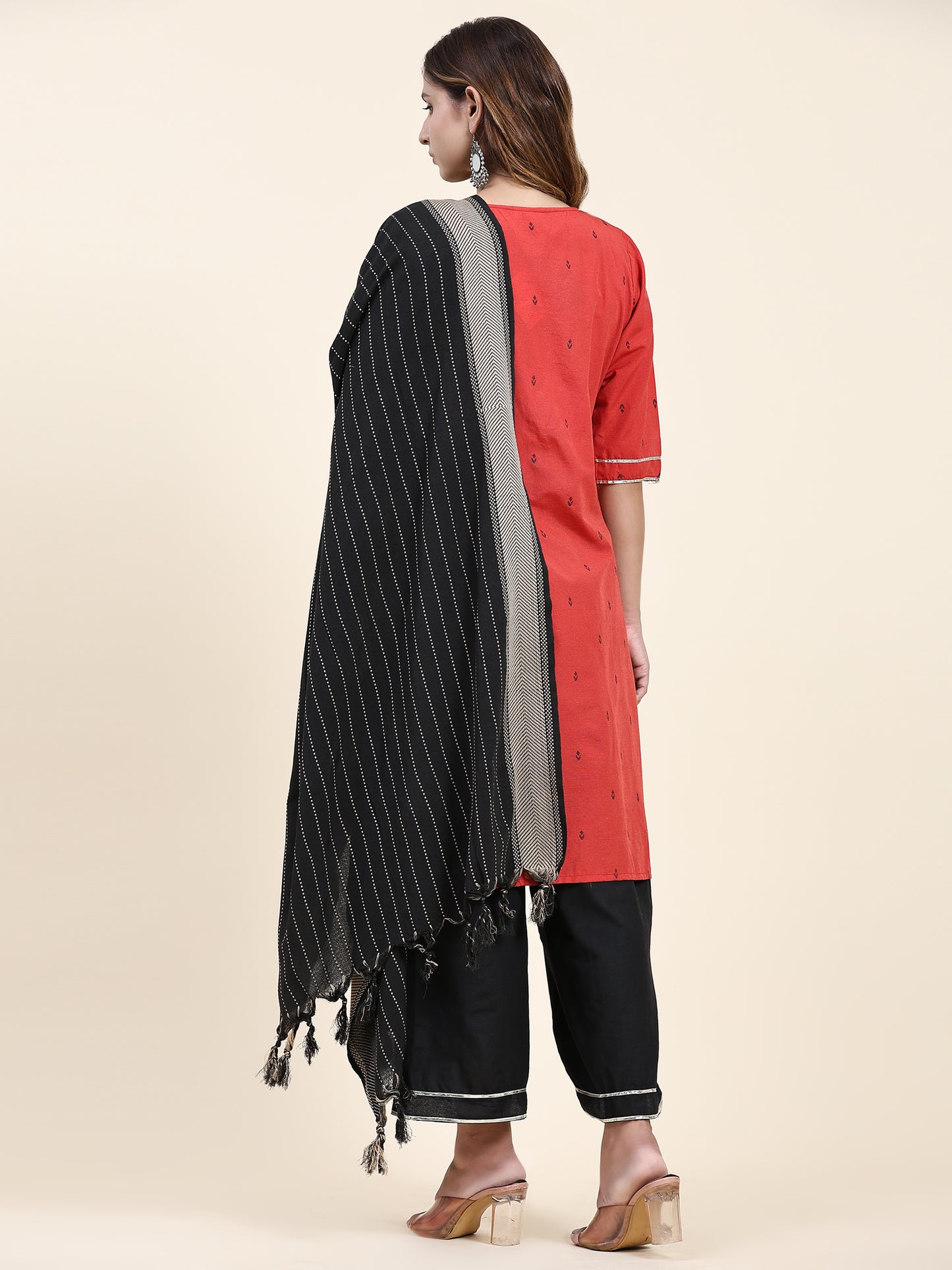 ANUSHIL Women's Cotton Kurta Plazzo Dupatta Set - Graceful Lace Detailing and Comfortable 3/4 Sleeves (Red)