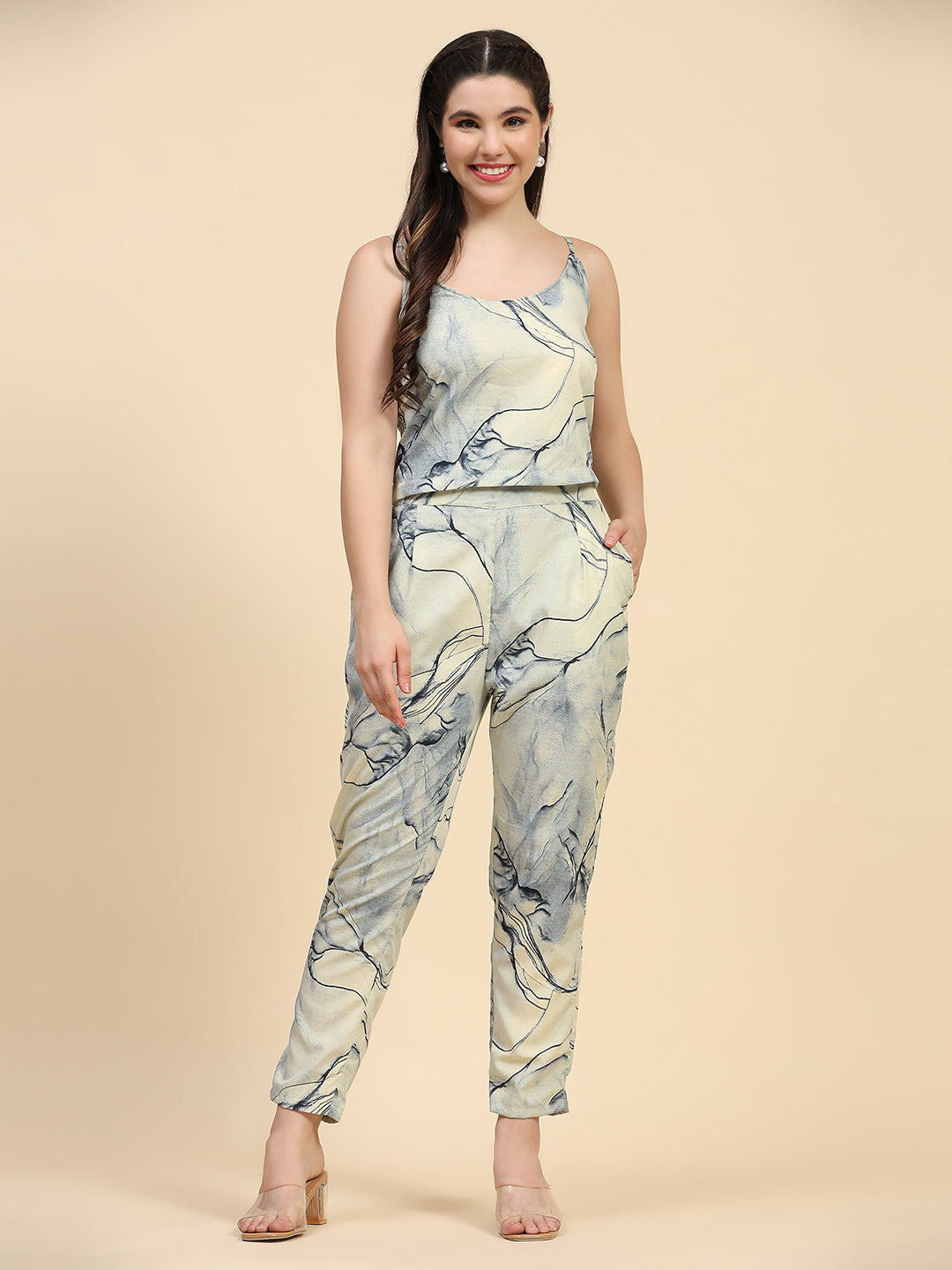 ANUSHIL Stylish Co-ord Set for Women - Printed Crop Top with Pants and Blazer, 3peice Co-ord Set for Casual Wear (Blue)