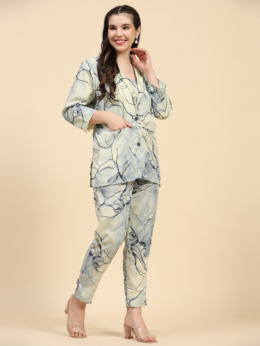 ANUSHIL Stylish Co-ord Set for Women - Printed Crop Top with Pants and Blazer, 3peice Co-ord Set for Casual Wear (Blue)