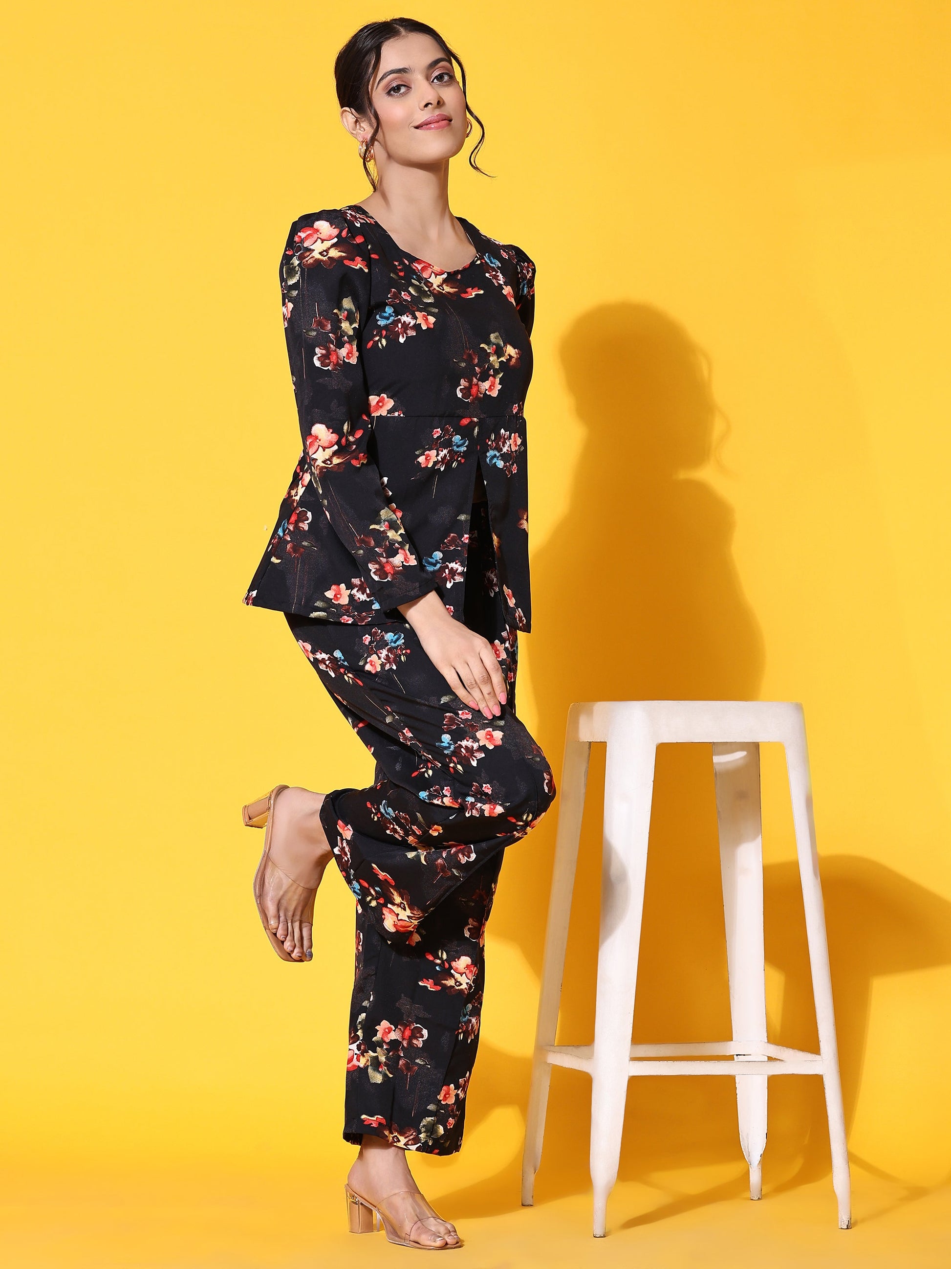 Stylish Women's Co-ord Sets Printed Peplum Top With Plazzo Pants(Black)