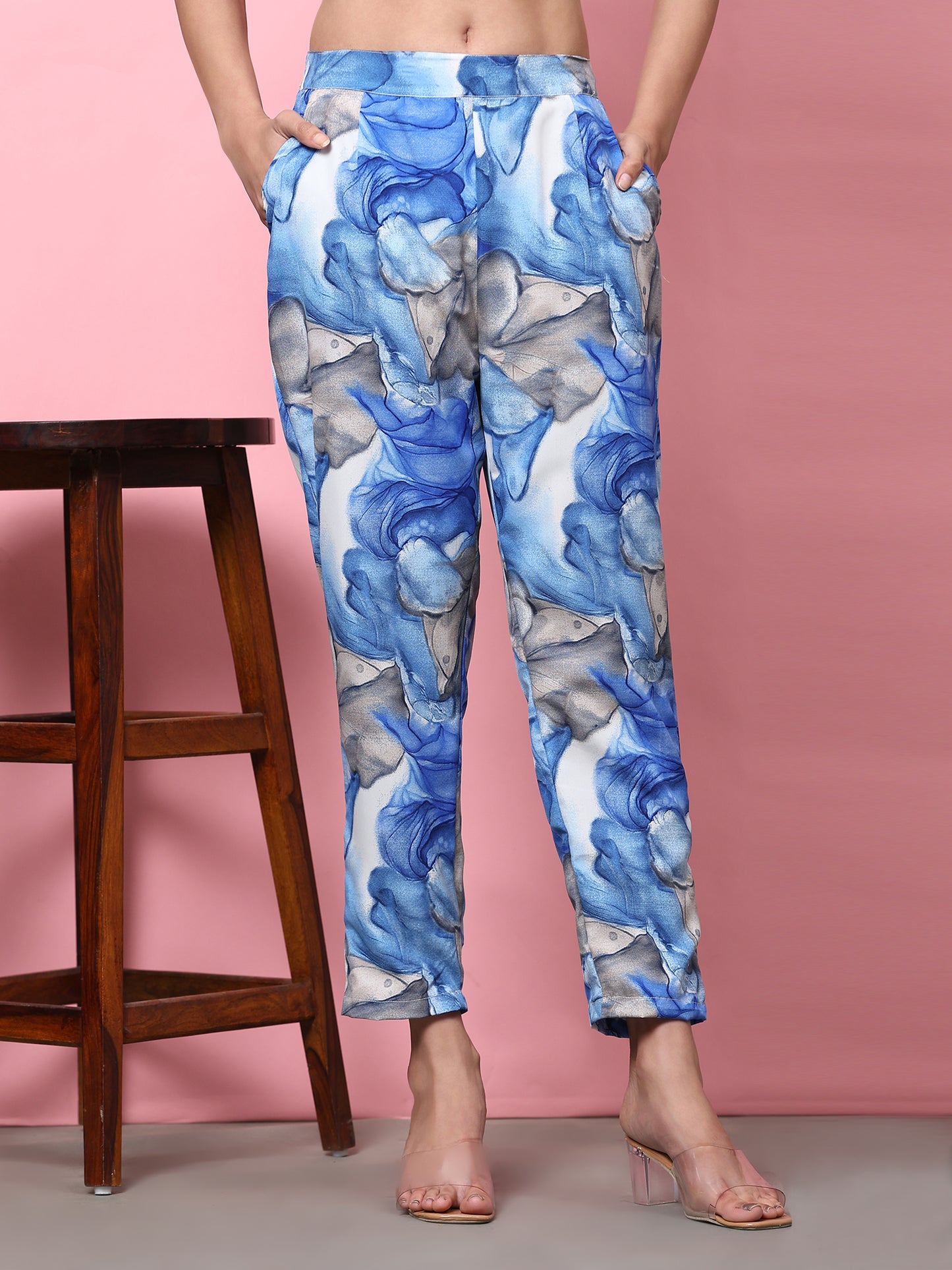 Stylish Co-ord Set for Women - Printed Crop Top with Pants and Blazer Casual Wear(Blue2)