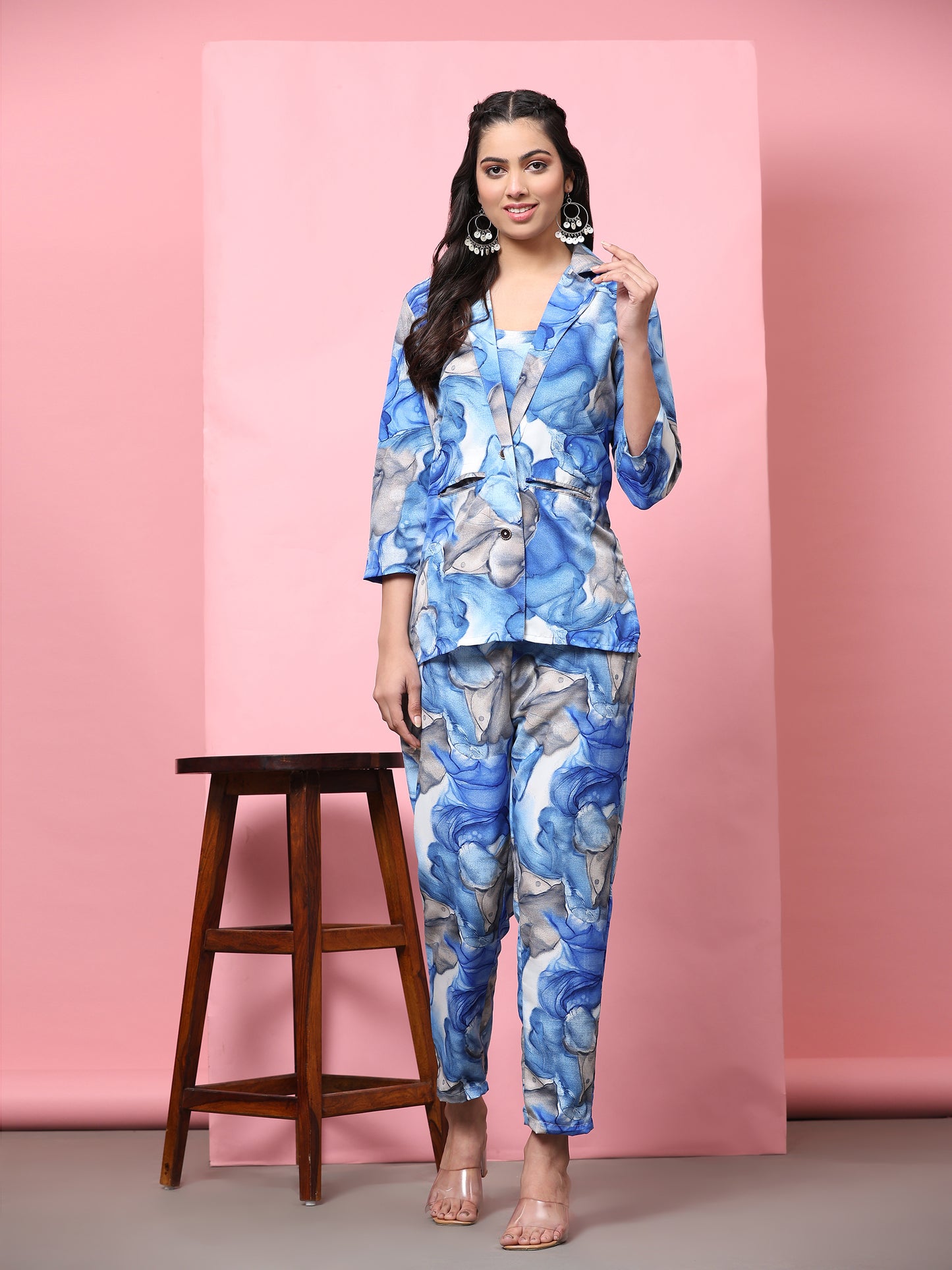 Stylish Co-ord Set for Women - Printed Crop Top with Pants and Blazer Casual Wear(Blue2)