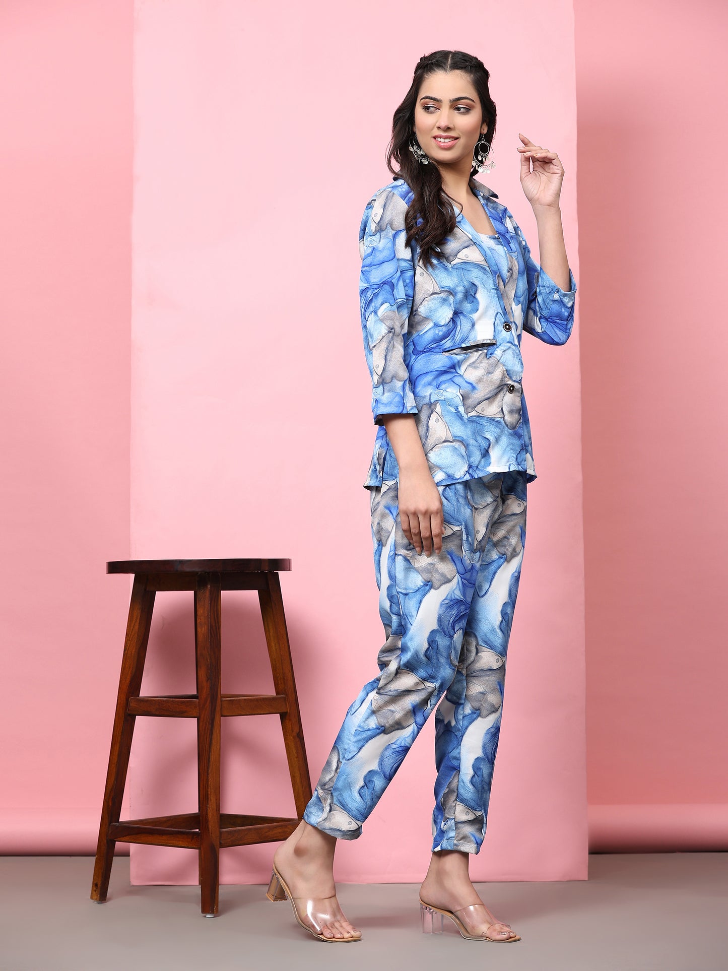 Stylish Co-ord Set for Women - Printed Crop Top with Pants and Blazer Casual Wear(Blue2)