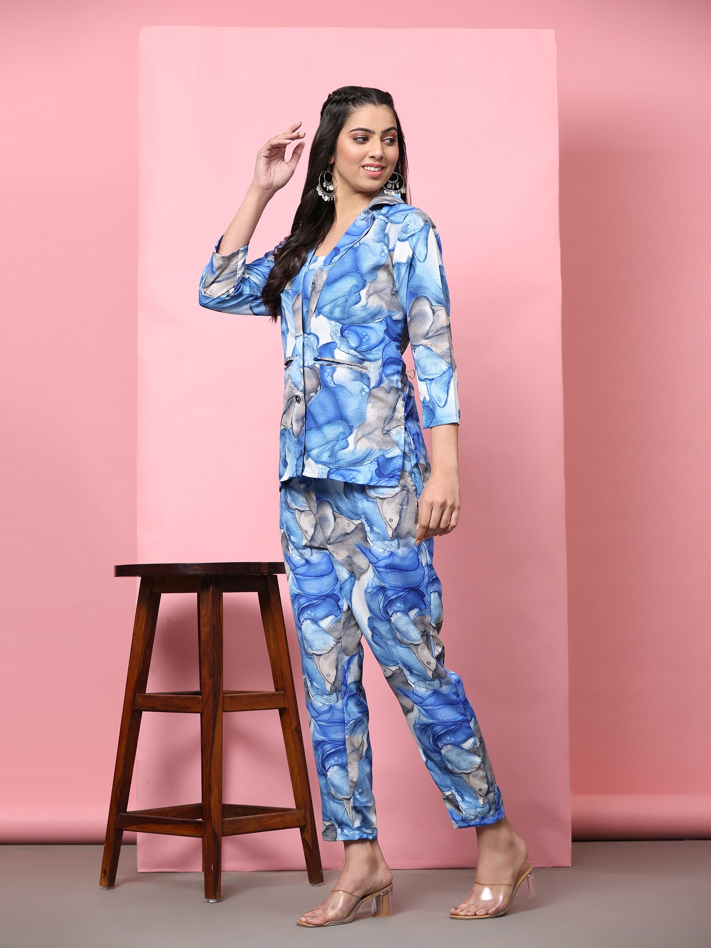 Stylish Co-ord Set for Women - Printed Crop Top with Pants and Blazer Casual Wear(Blue2)