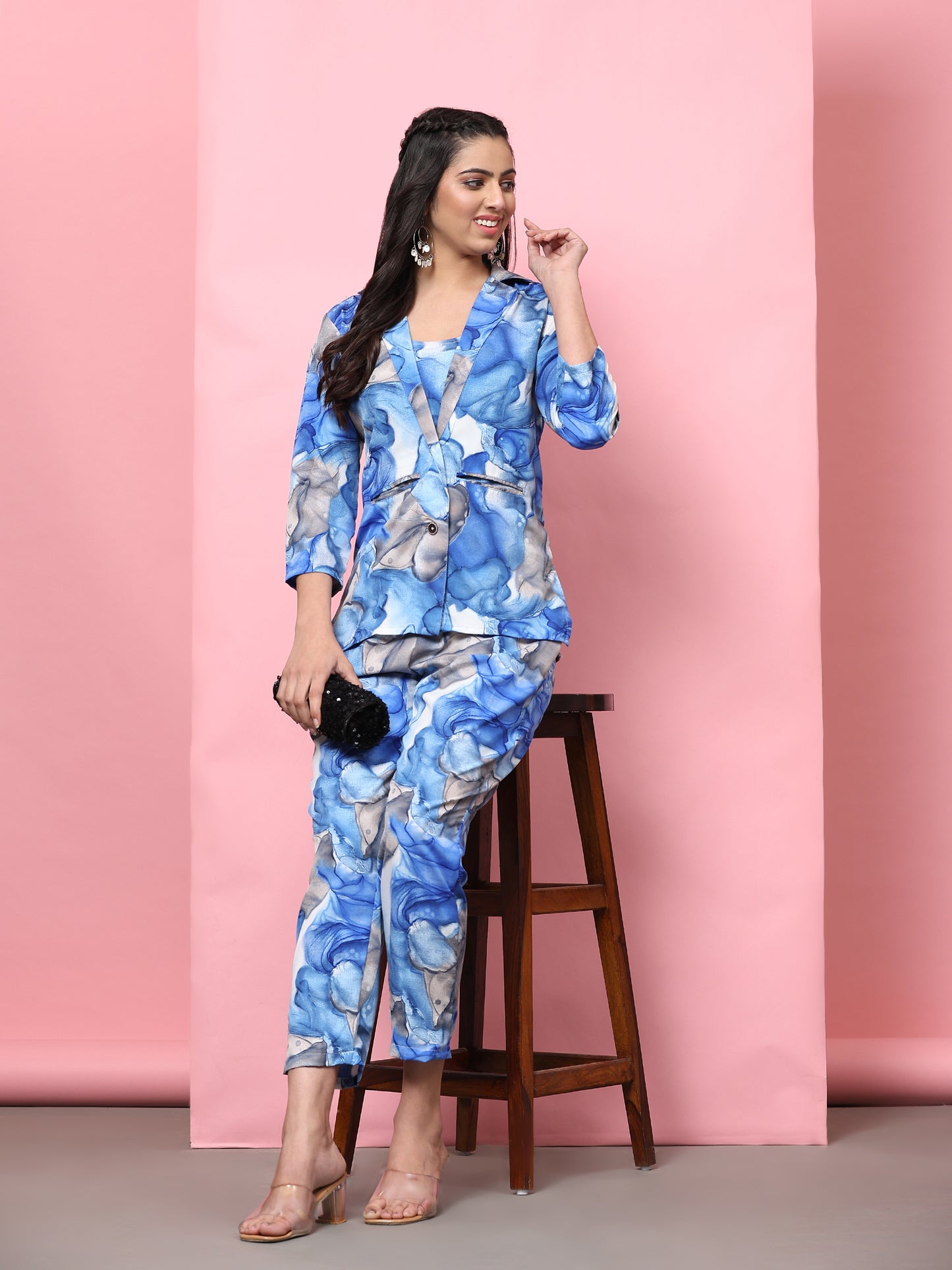 Stylish Co-ord Set for Women - Printed Crop Top with Pants and Blazer Casual Wear(Blue2)