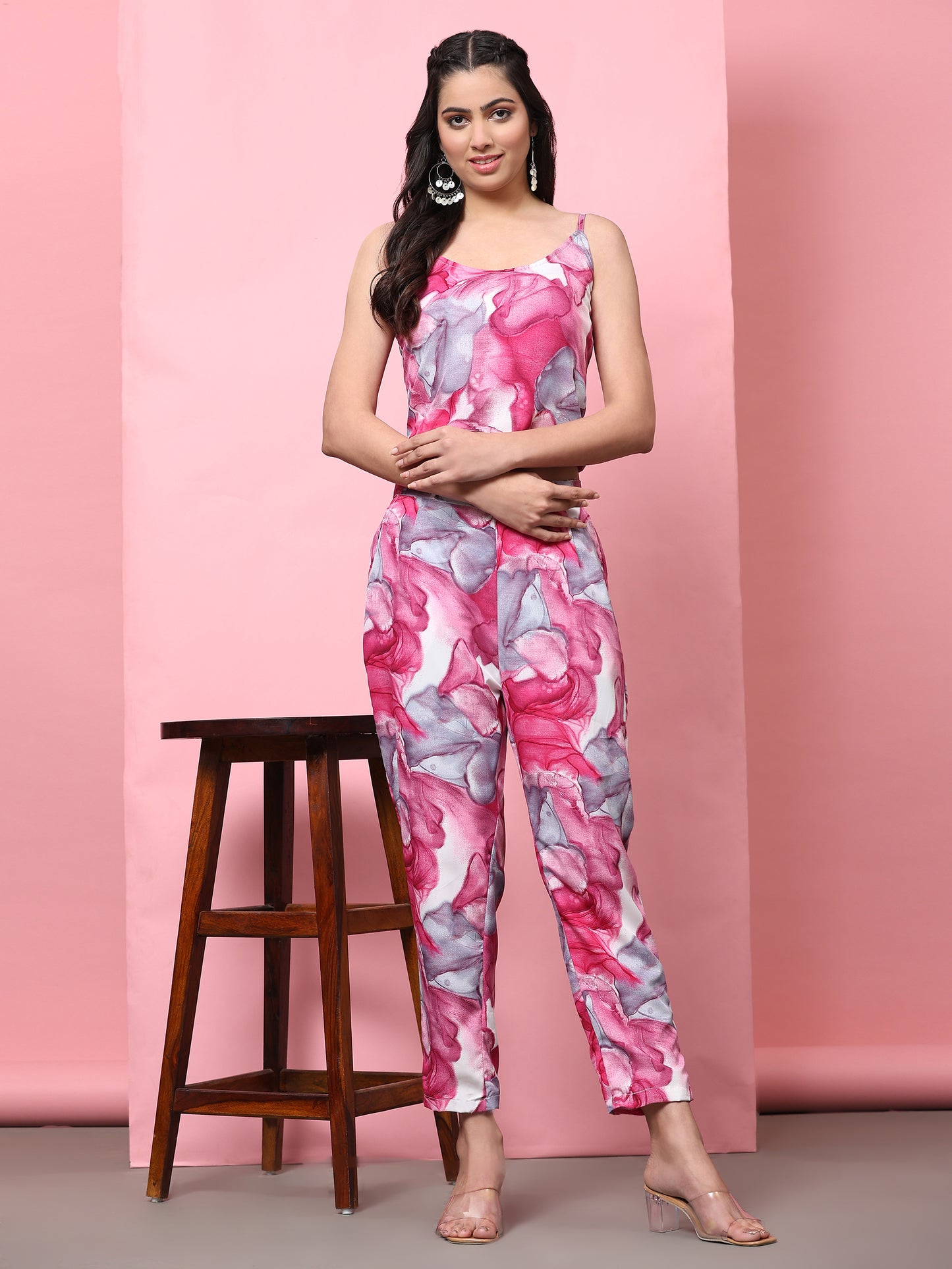 Stylish Co-ord Set for Women - Printed Crop Top with Pants and Blazer Casual Wear(Pink 2)