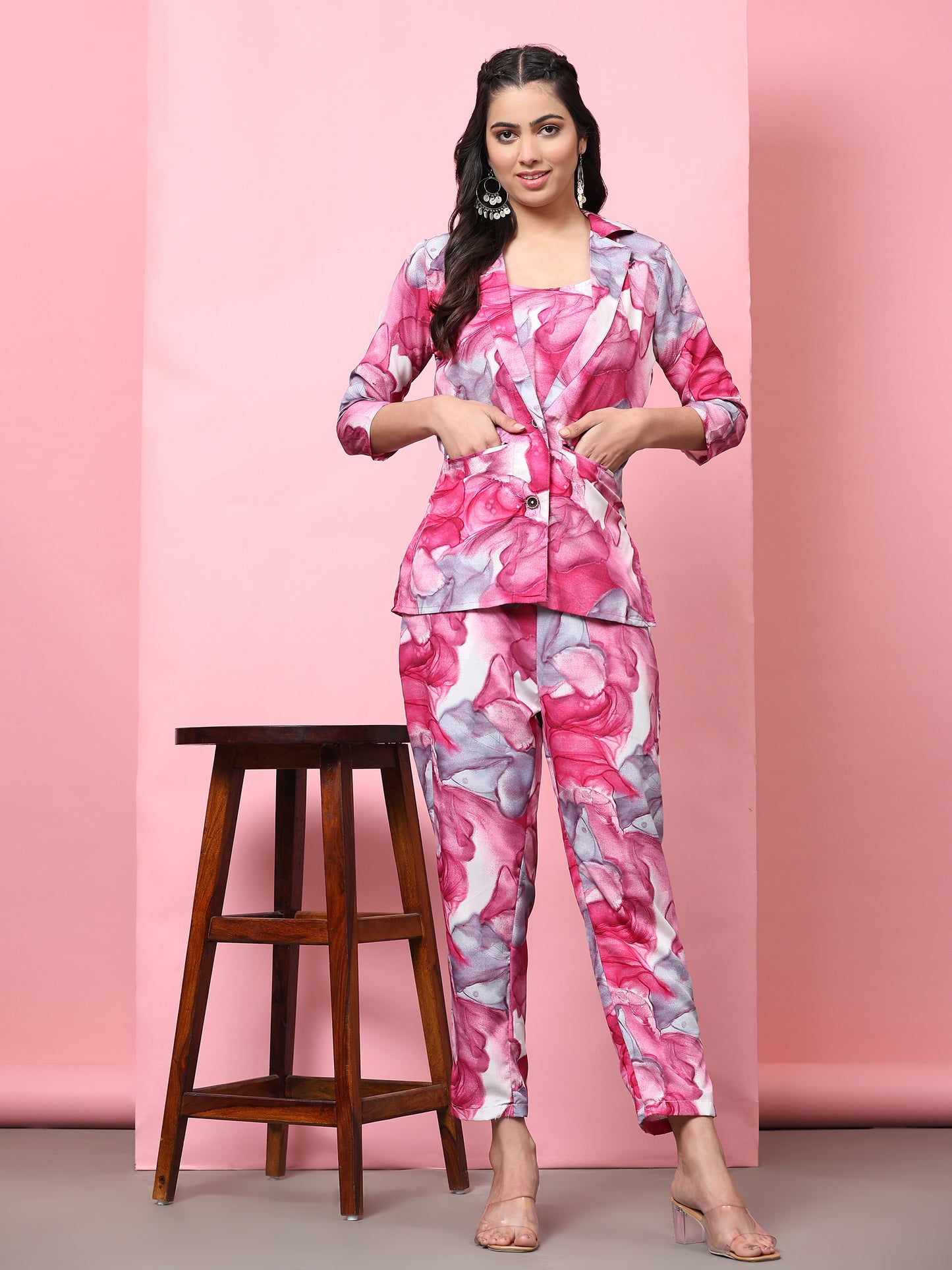 Stylish Co-ord Set for Women - Printed Crop Top with Pants and Blazer Casual Wear(Pink 2)