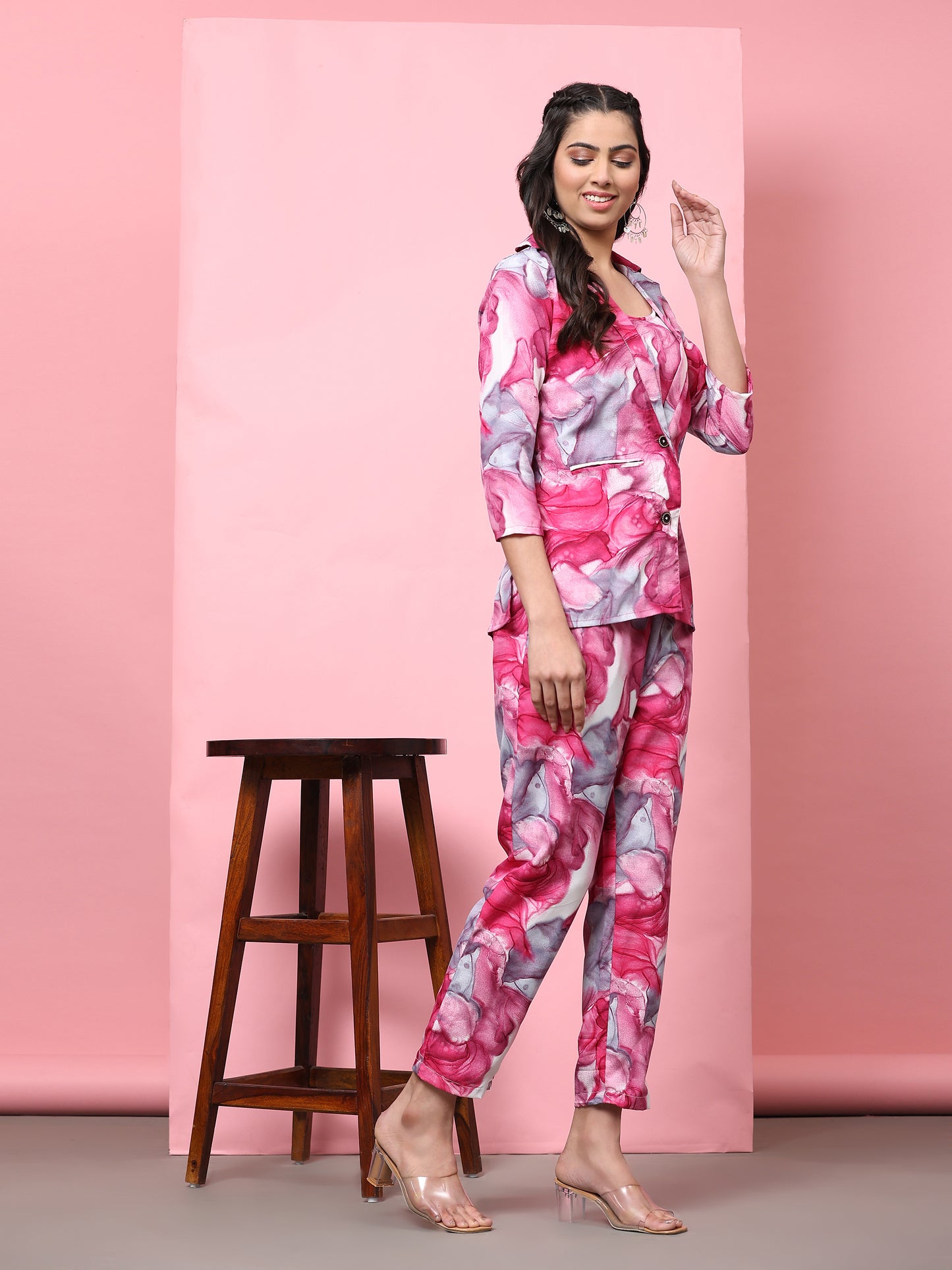 Stylish Co-ord Set for Women - Printed Crop Top with Pants and Blazer Casual Wear(Pink 2)