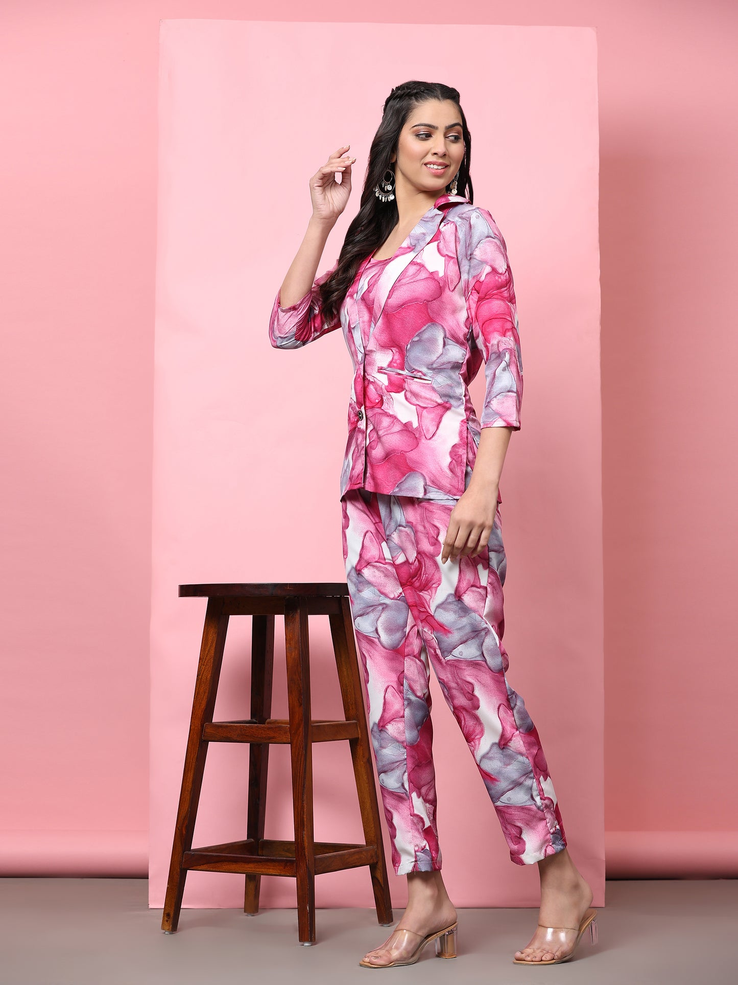 Stylish Co-ord Set for Women - Printed Crop Top with Pants and Blazer Casual Wear(Pink 2)