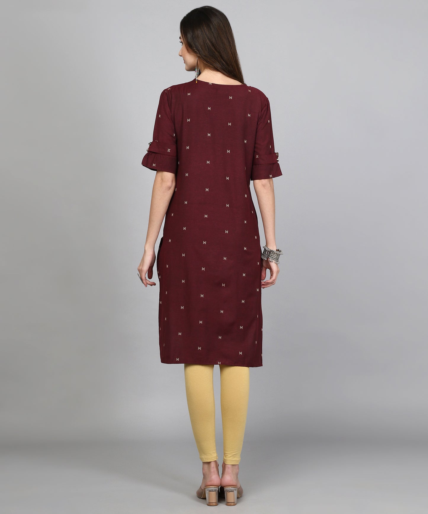 ANUSHIL Women Cotton Printed Center Slit Design V-Neck Elbow Sleeve Calf Length Kurti with Attached Koti (Maroon)