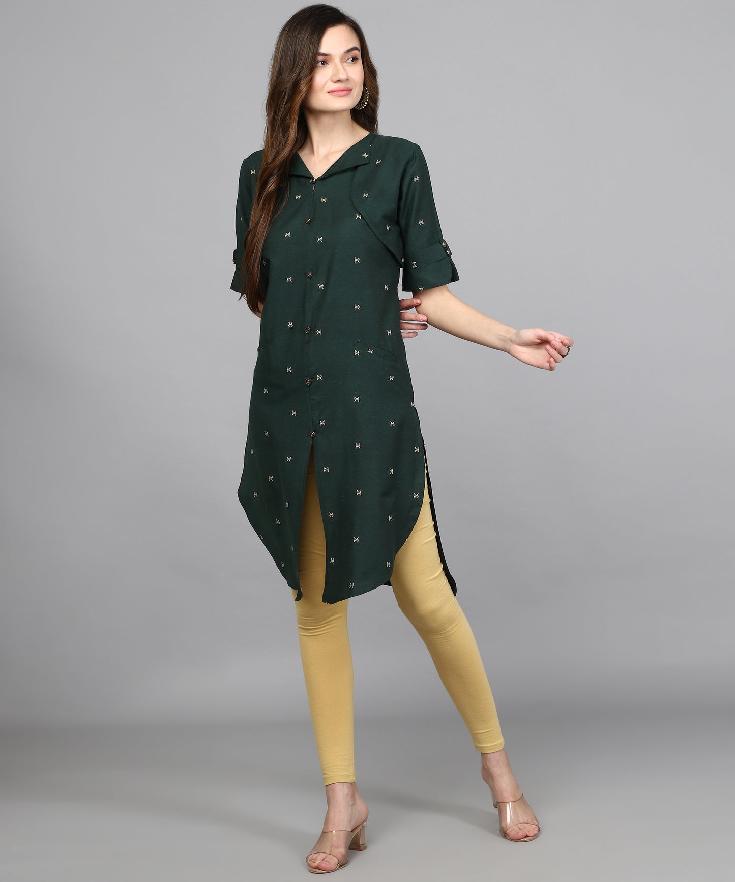 ANUSHIL Women Cotton Printed Center Slit Design V-Neck Elbow Sleeve Calf Length Kurti with Attached Koti (Green)
