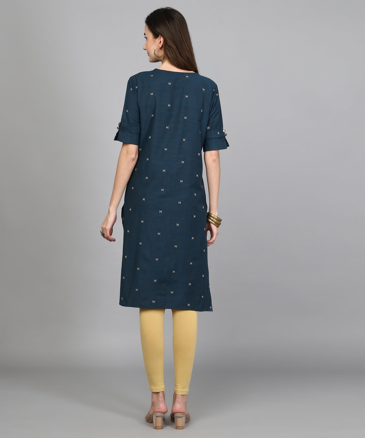 ANUSHIL Women Cotton Printed Center Slit Design V-Neck Elbow Sleeve Calf Length Kurti with Attached Koti ( Blue)