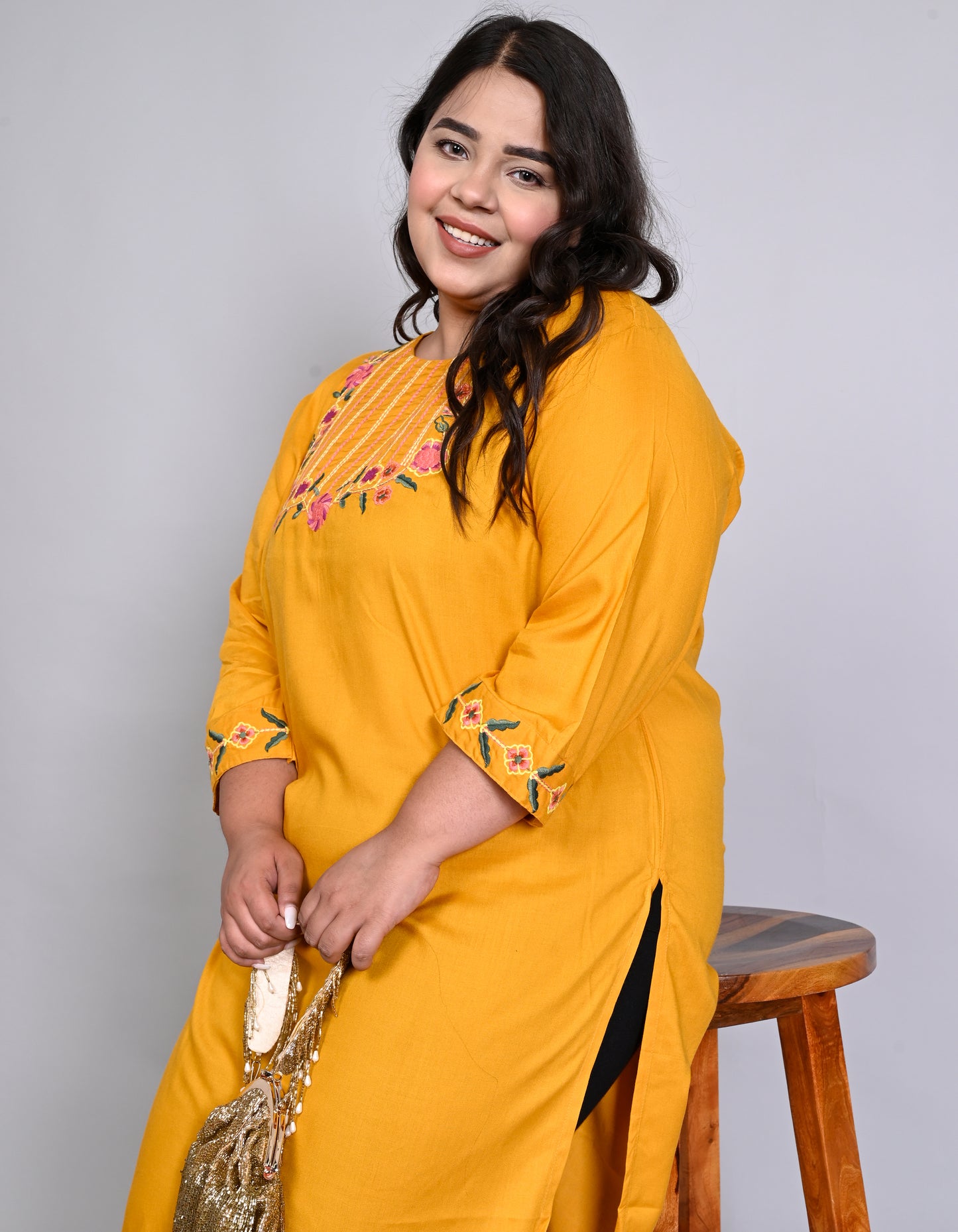 ANUSHIL Women Embroidered Straight Fit Kurta (Yellow)