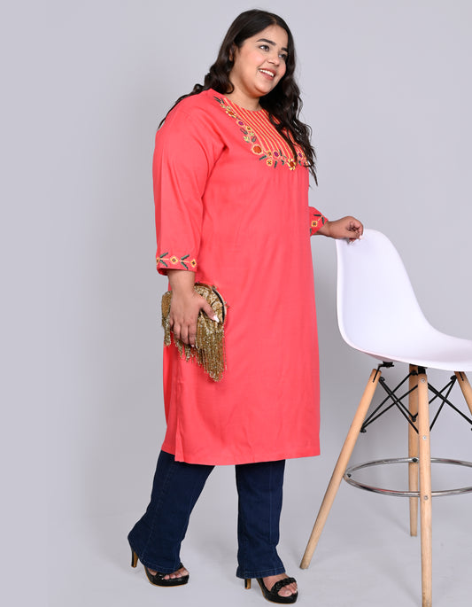 ANUSHIL Women Embroidered Straight Fit Kurta (Pink)