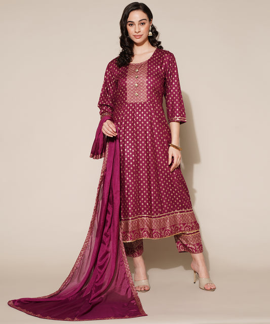 Anushil Anarkali Kurta Set with Dupatta Wine