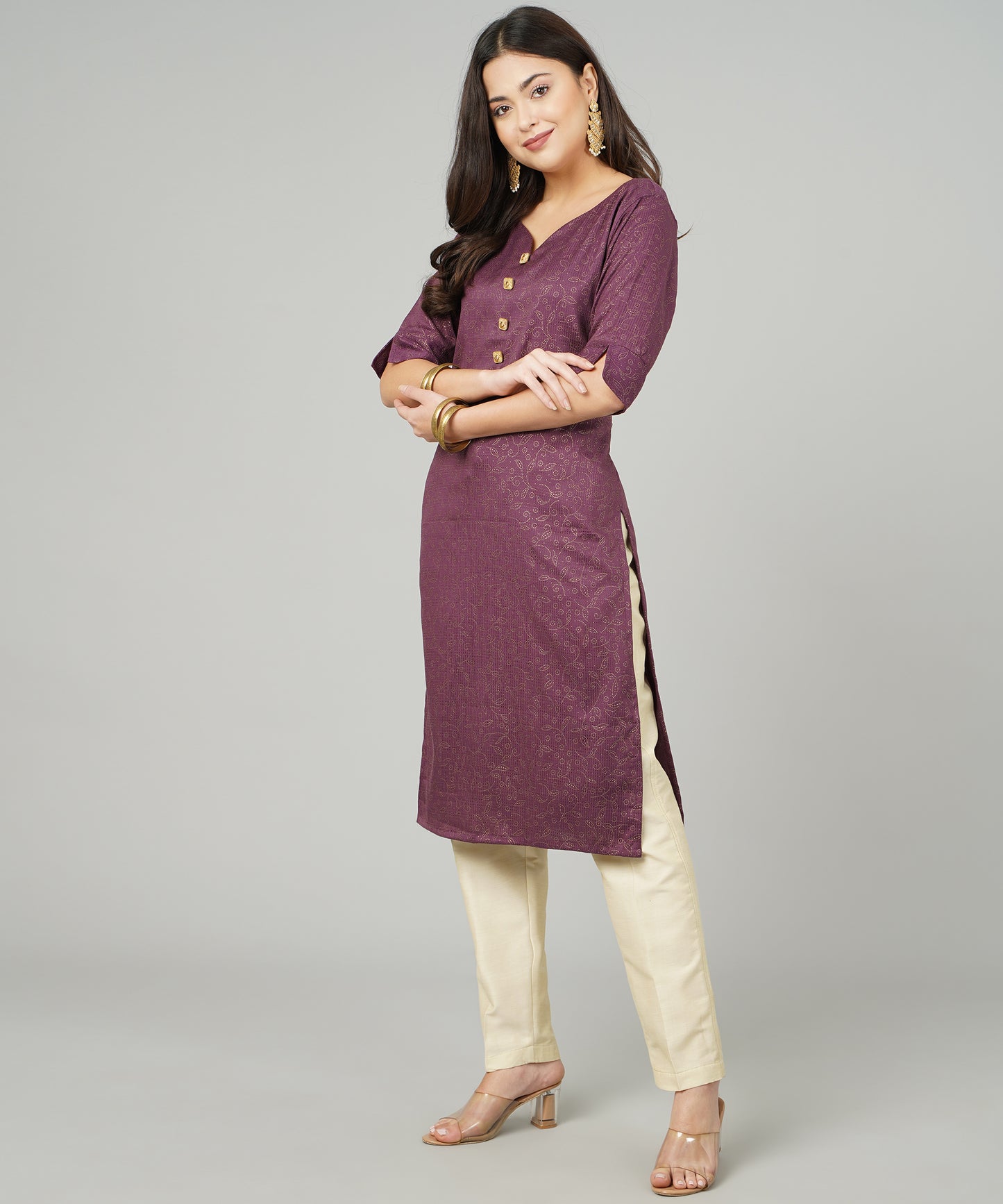 ANUSHIL Cotton Gold Print Sweatheart Neck Elbow Sleeves Straight Kurti for Women's, and Girl's (Wine)